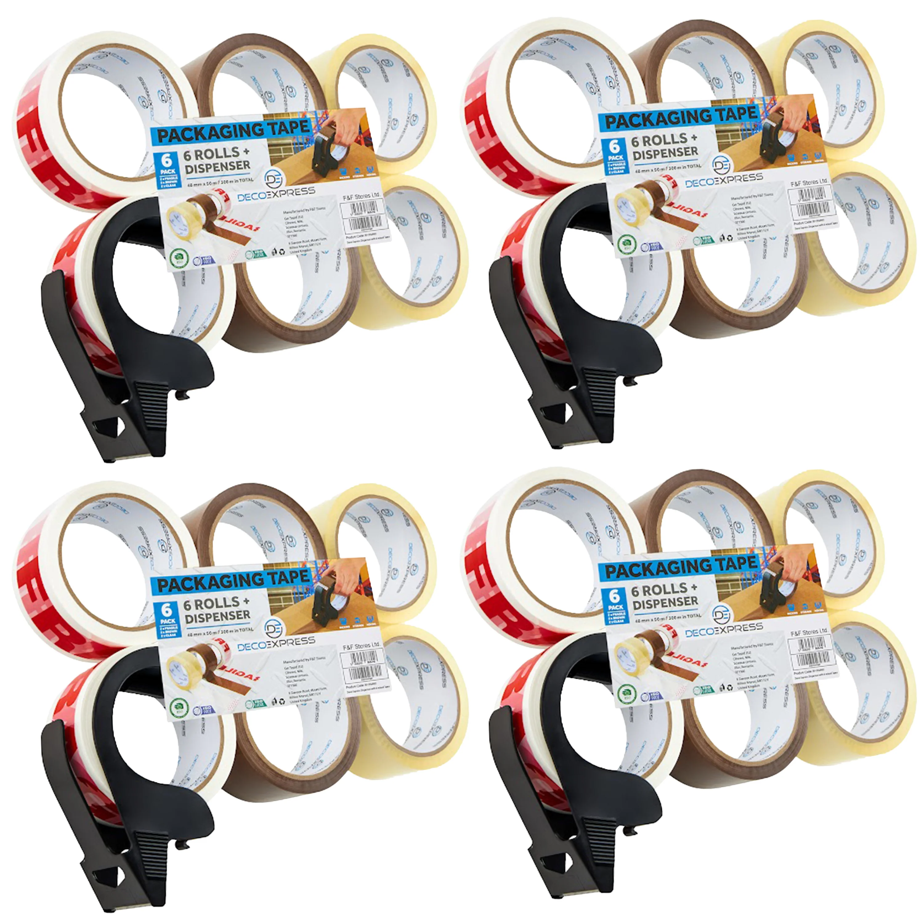 Packaging Tape Dispenser with Tape 6 Rolls - Small Dispenser Mixed, 4 Pack