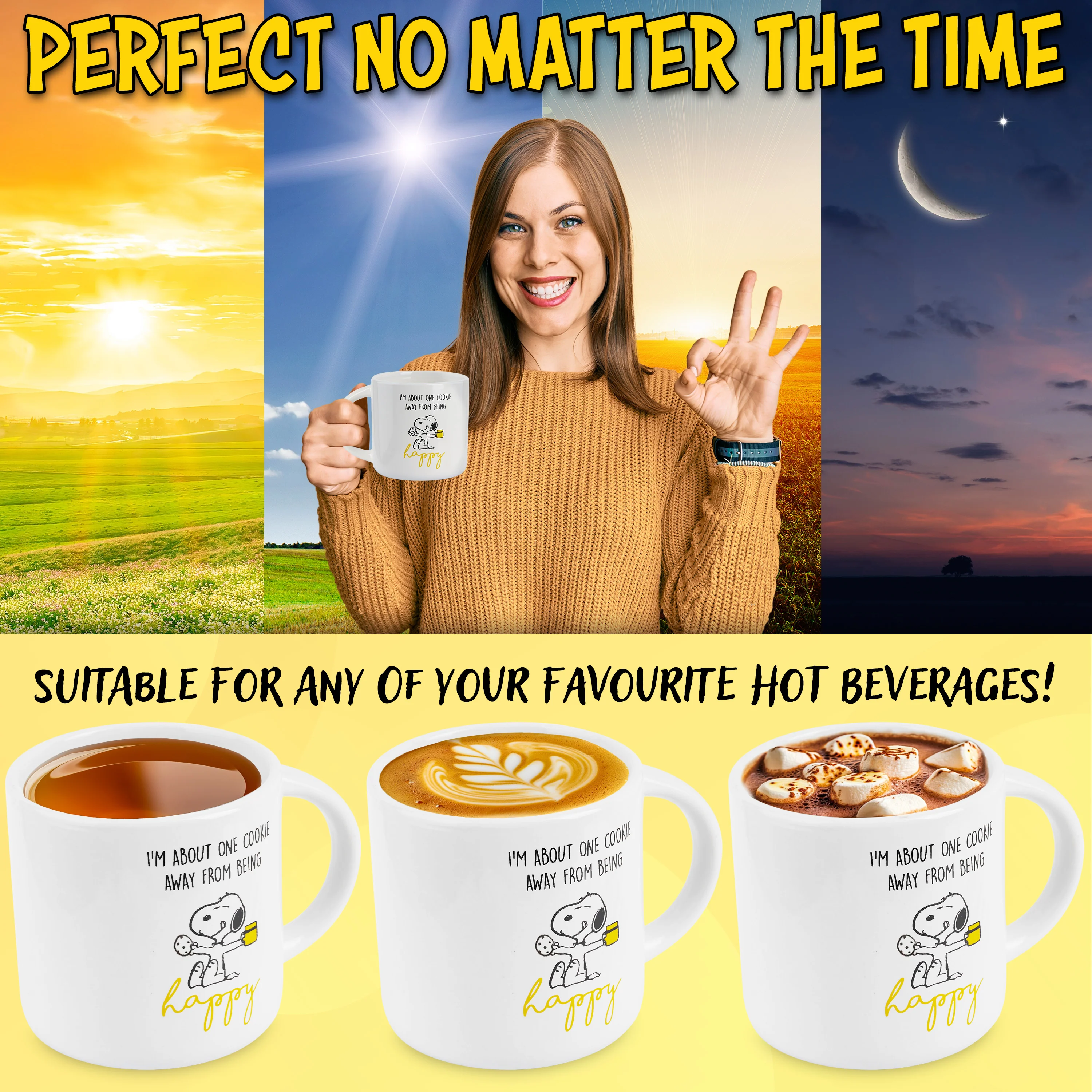 Peanuts Snoopy Coffee Cup Ceramic Mug Cute Cappuccino or Tea Cup for Women Teens Mum Wife Work Office Gifts for Women (White/Yellow Coffee, 400ml) - Image 4