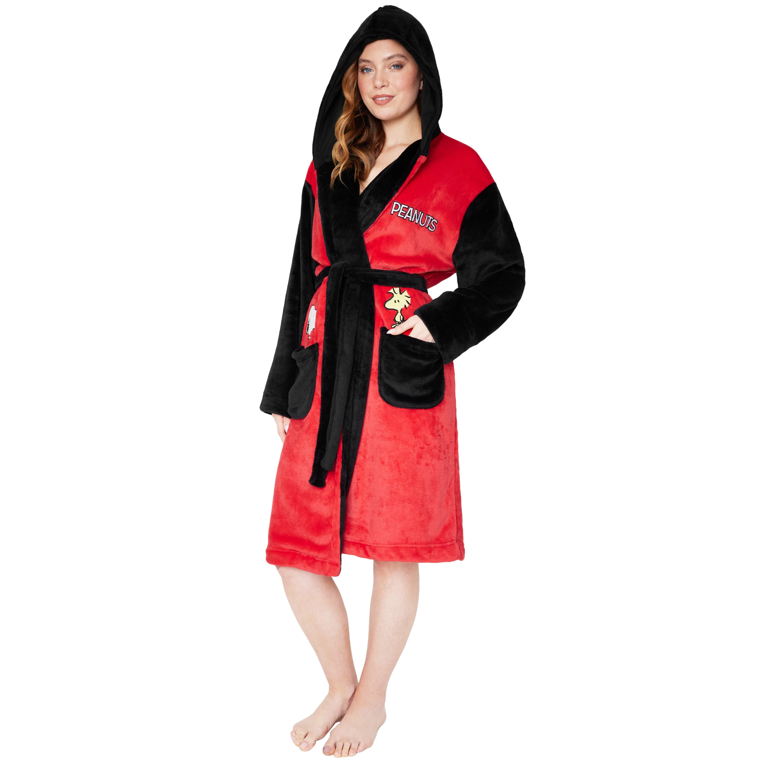 Peanuts Snoopy Womens Fleece Dressing Gown with Hood, Pockets, and Tie Waist, Cosy Robe Gifts for Her