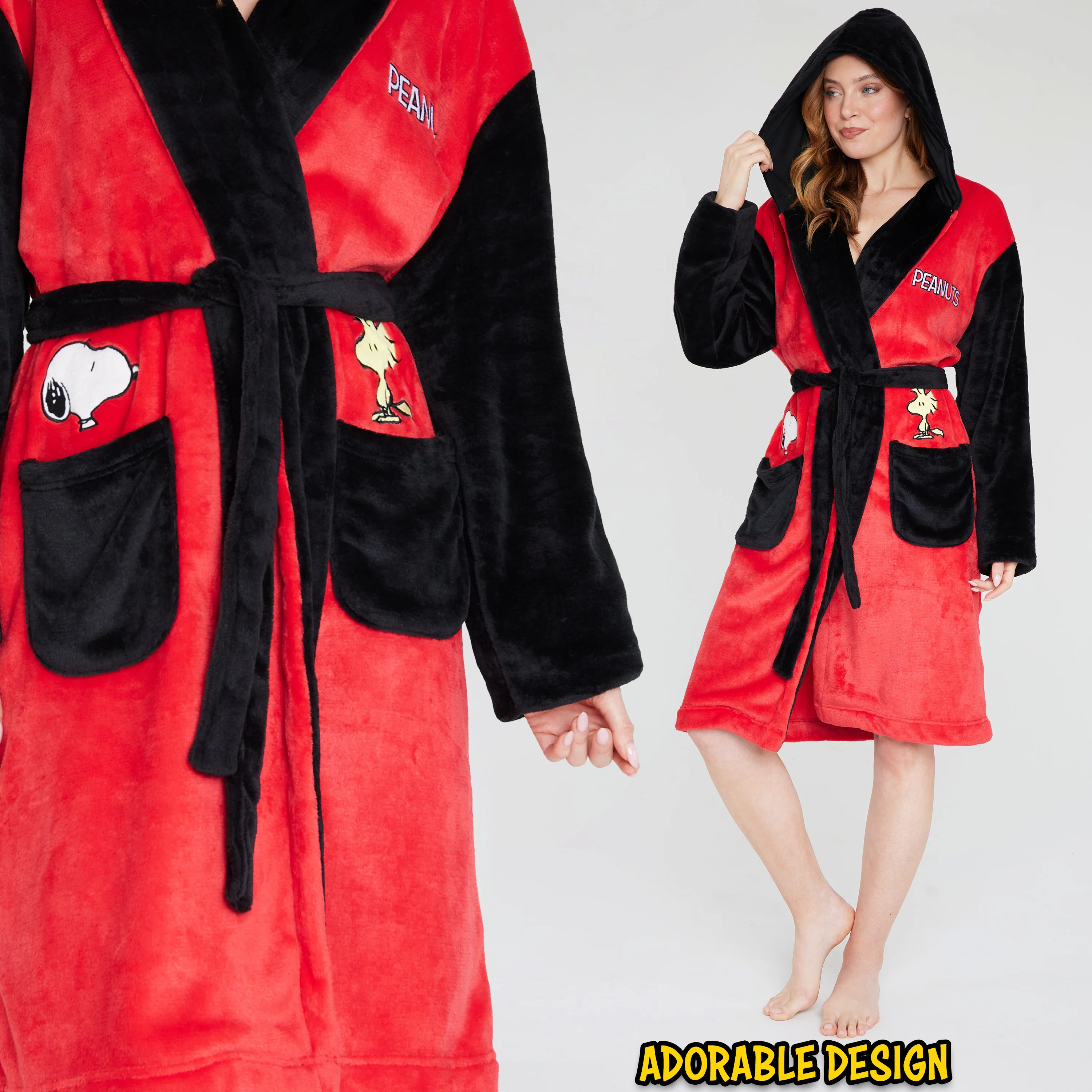 Peanuts Snoopy Womens Fleece Dressing Gown with Hood, Pockets, and Tie Waist, Cosy Robe Gifts for Her - Image 3