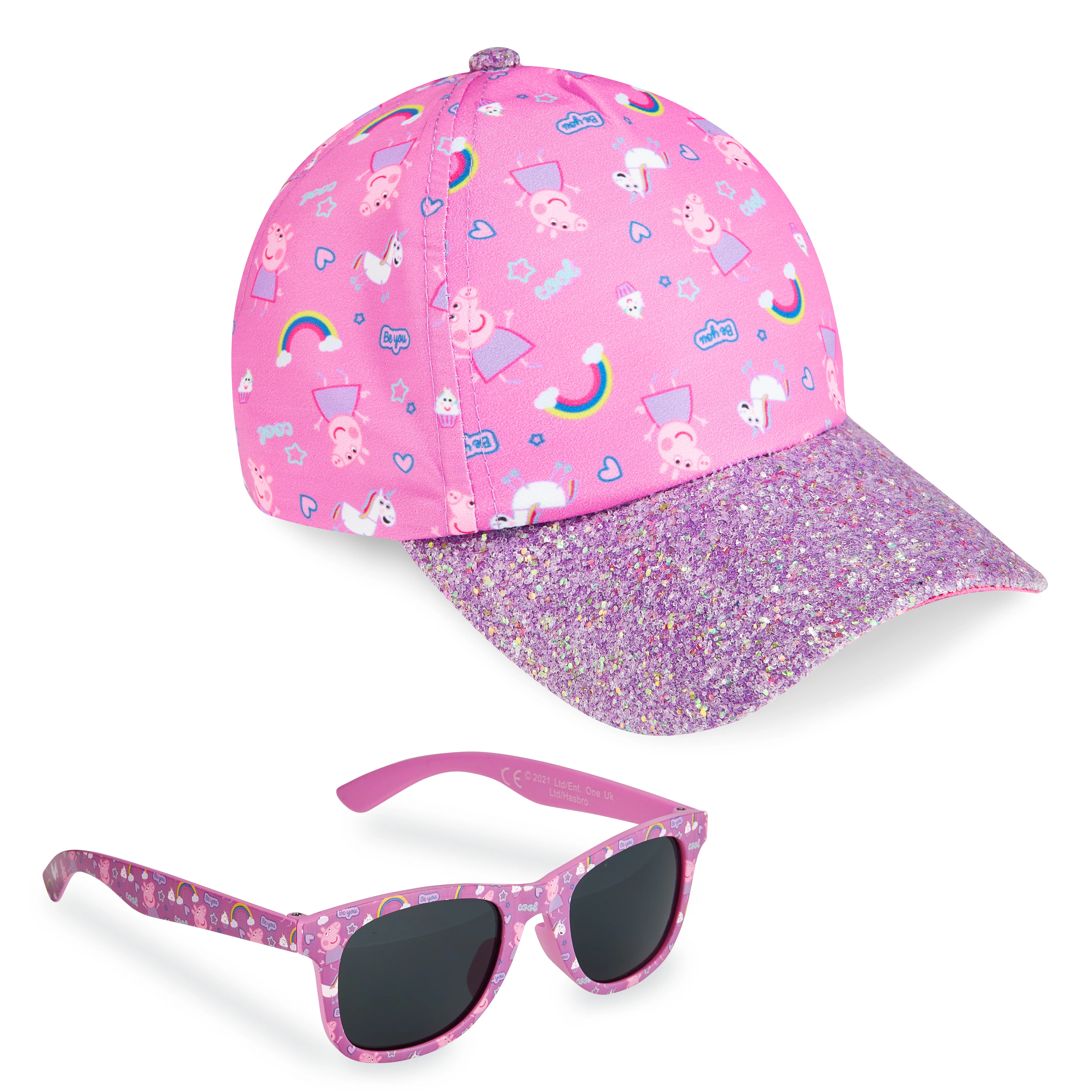 Peppa Pig Girls Summer Hat & Kids Sunglasses, Rainbow Unicorn Pink Baseball Cap