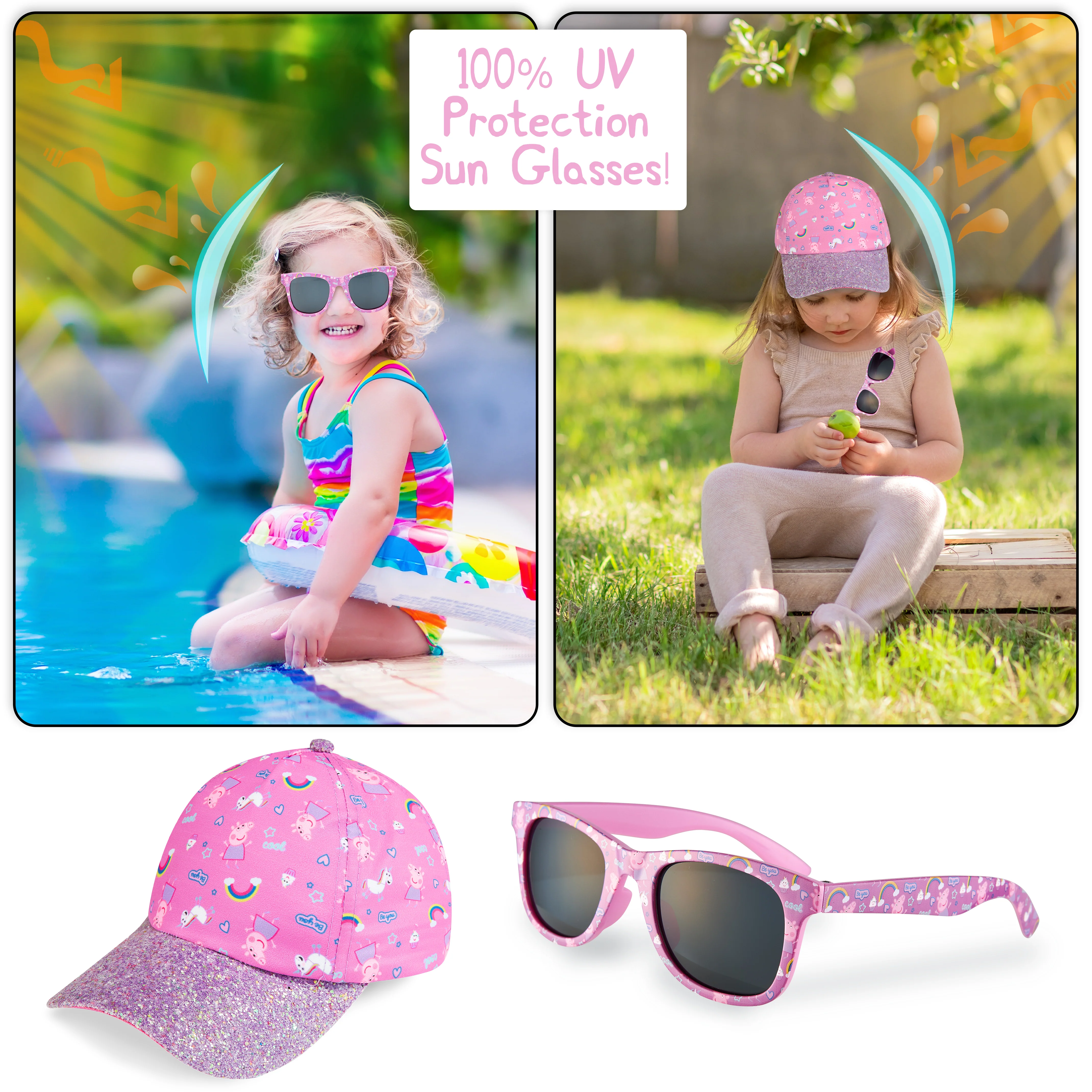 Peppa Pig Girls Summer Hat & Kids Sunglasses, Rainbow Unicorn Pink Baseball Cap - Image 2
