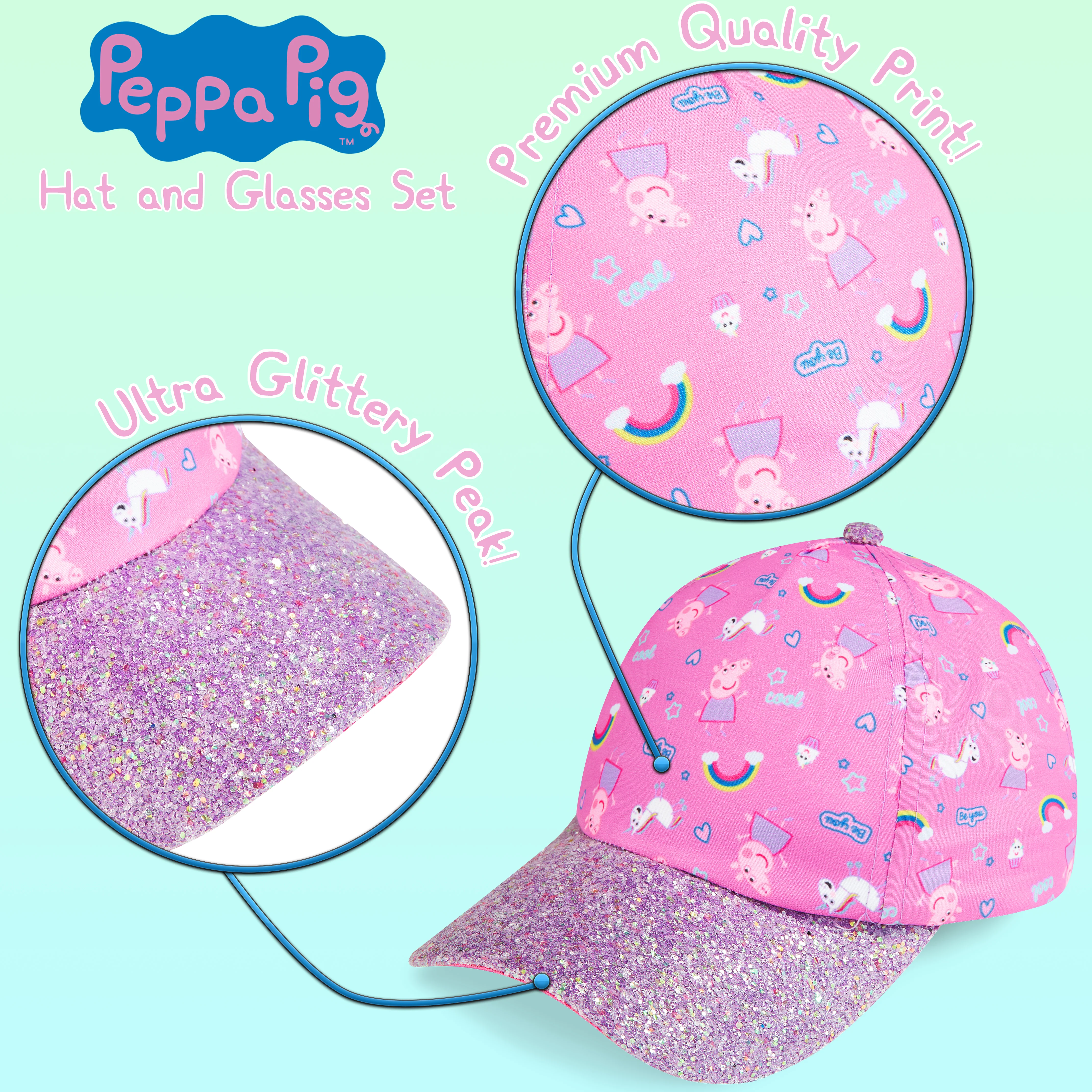 Peppa Pig Girls Summer Hat & Kids Sunglasses, Rainbow Unicorn Pink Baseball Cap - Image 5