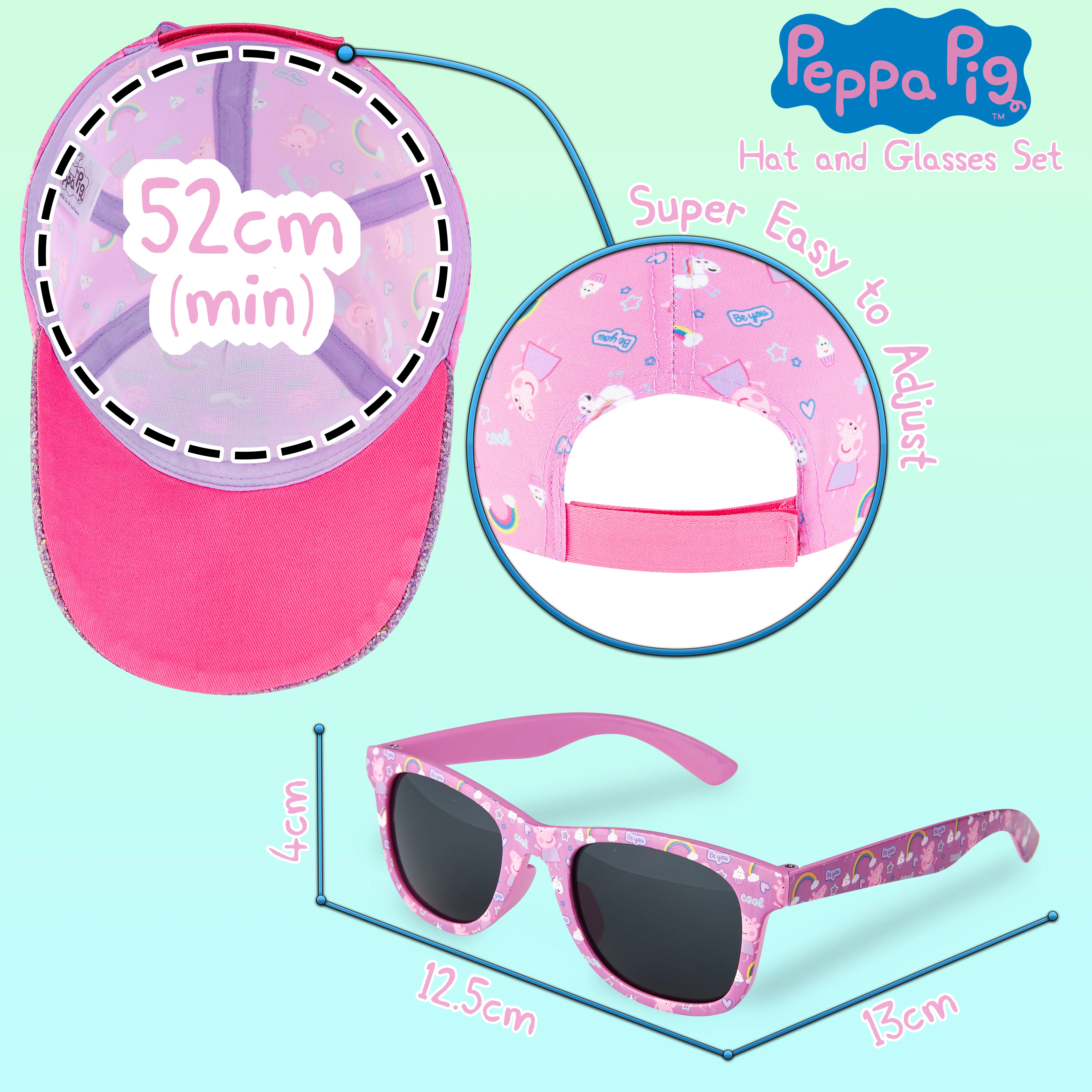 Peppa Pig Girls Summer Hat & Kids Sunglasses, Rainbow Unicorn Pink Baseball Cap - Image 6