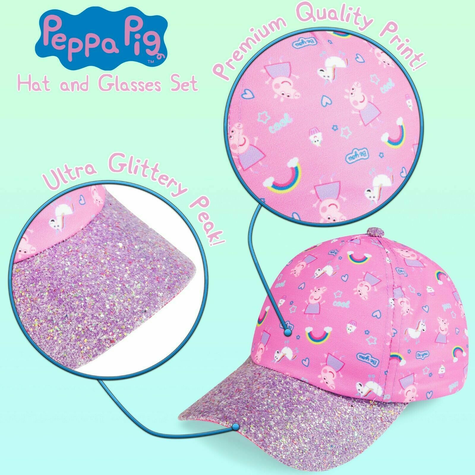 Peppa Pig Girls Summer Hat & Kids Sunglasses, Rainbow Unicorn Pink Baseball Cap - Image 3