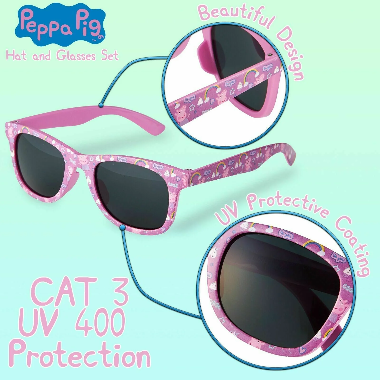Peppa Pig Girls Summer Hat & Kids Sunglasses, Rainbow Unicorn Pink Baseball Cap - Image 5
