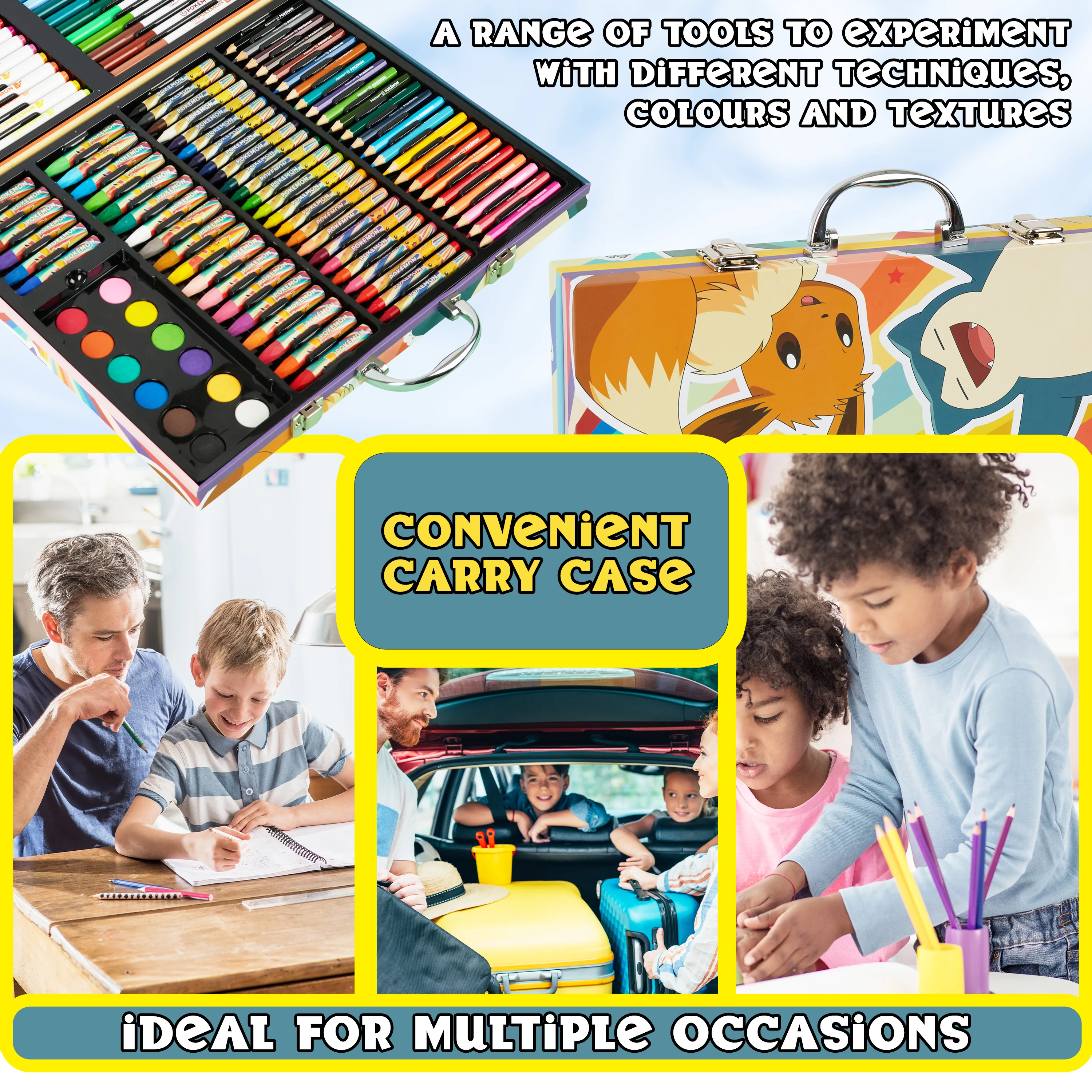 Pokemon Art Supplies Set with 150 Colouring Pencils Felt Tip Pens Watercolour Paints Wax Crayons for Drawing Painting Set Pikachu Travel Art Set Anime Gifts - Image 5