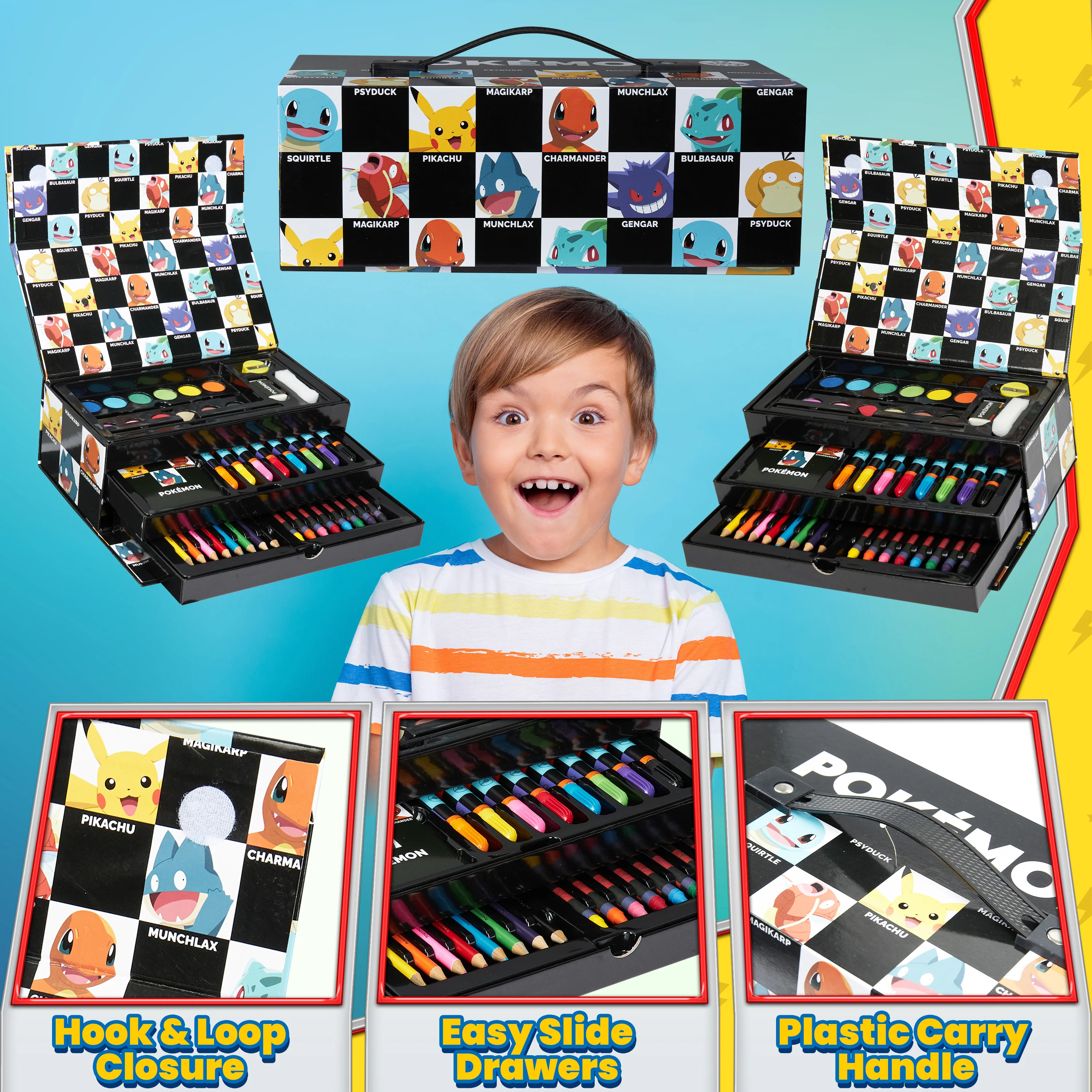 Pokemon Art Supplies Set with Colouring Pencils Felt Tip Pens Watercolour Paints Wax Crayons for Drawing Painting Set Pikachu Travel Art Set Anime Gifts (Black) - Image 3