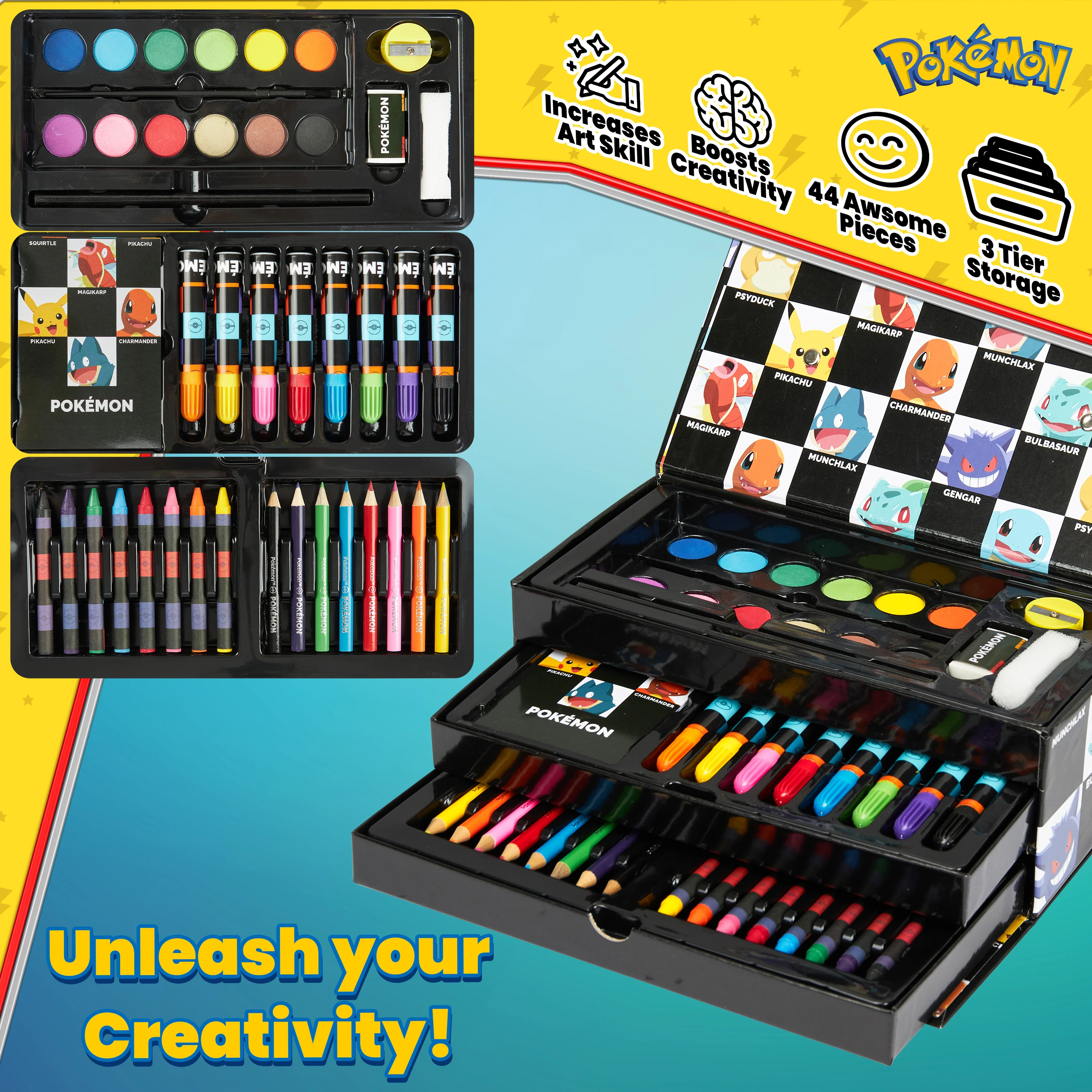 Pokemon Art Supplies Set with Colouring Pencils Felt Tip Pens Watercolour Paints Wax Crayons for Drawing Painting Set Pikachu Travel Art Set Anime Gifts (Black) - Image 4