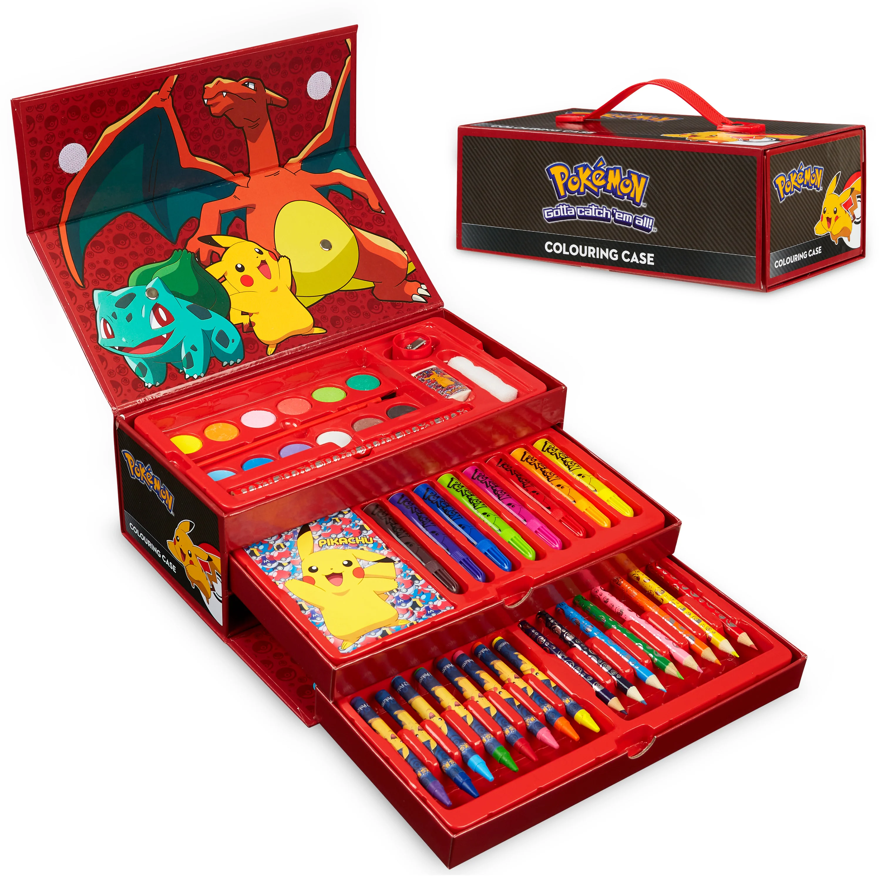 Pokemon Art Supplies Set with Colouring Pencils Felt Tip Pens Watercolour Paints Wax Crayons for Drawing Painting Set Pikachu Travel Art Set Anime Gifts (Black/Red)