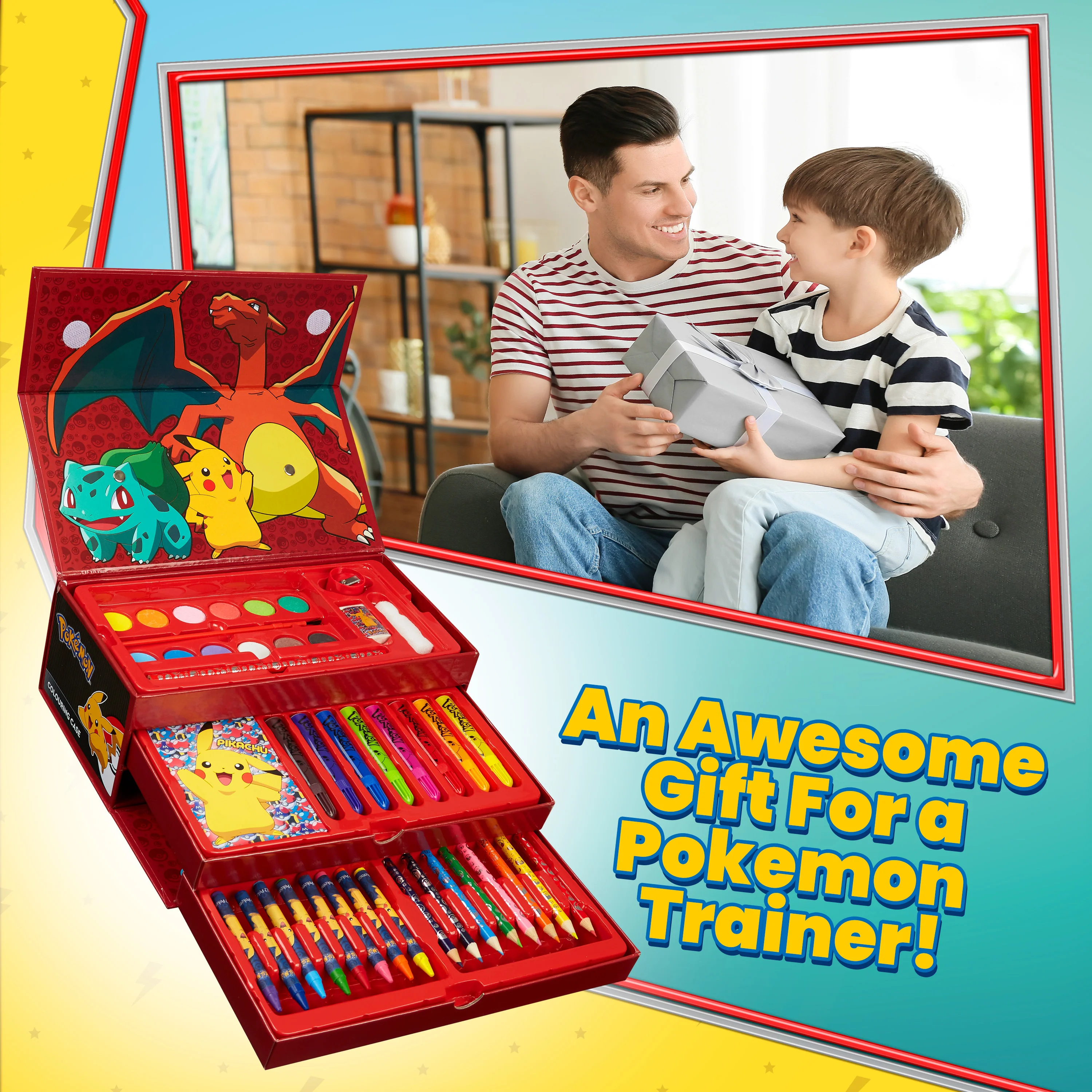 Pokemon Art Supplies Set with Colouring Pencils Felt Tip Pens Watercolour Paints Wax Crayons for Drawing Painting Set Pikachu Travel Art Set Anime Gifts (Black/Red) - Image 2