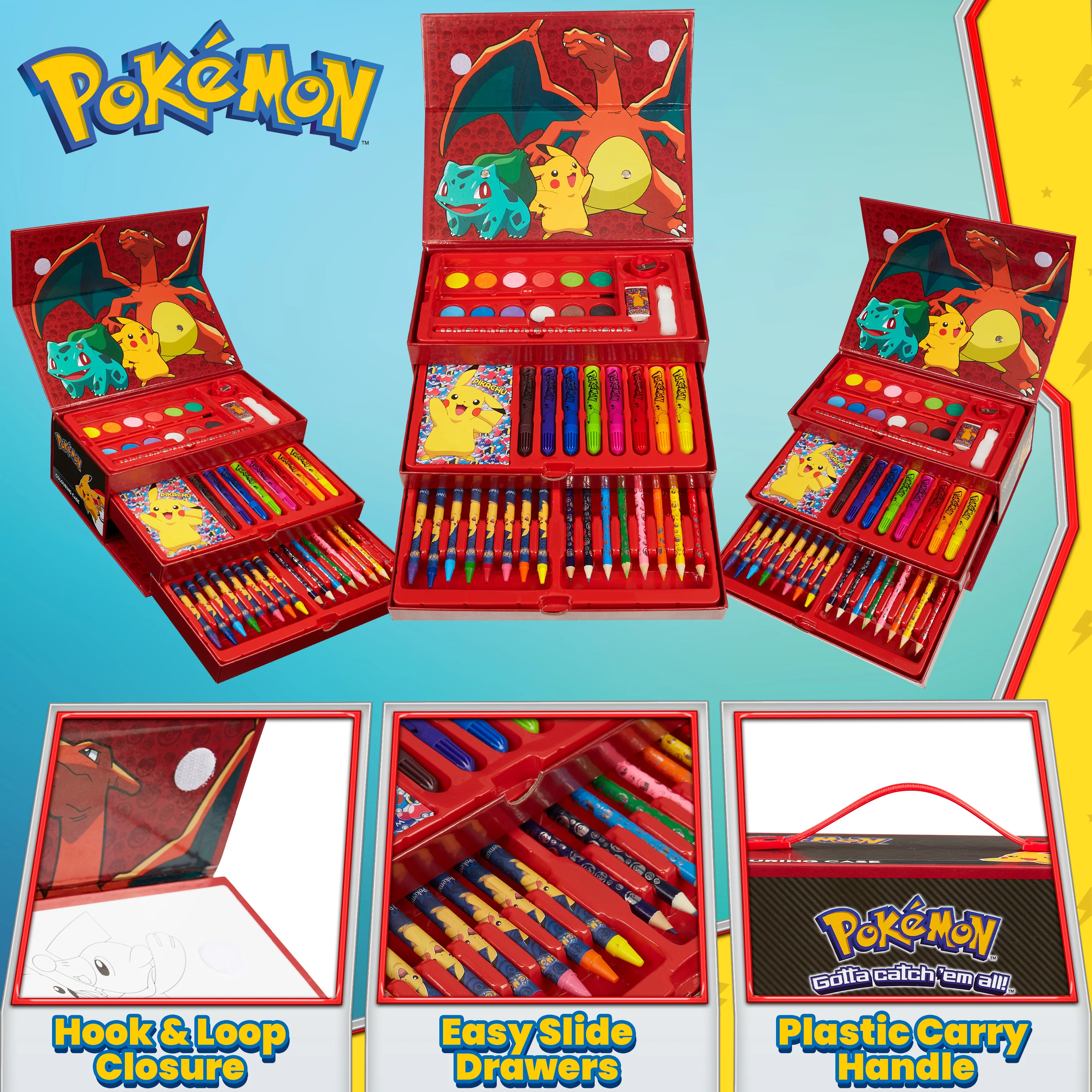 Pokemon Art Supplies Set with Colouring Pencils Felt Tip Pens Watercolour Paints Wax Crayons for Drawing Painting Set Pikachu Travel Art Set Anime Gifts (Black/Red) - Image 4