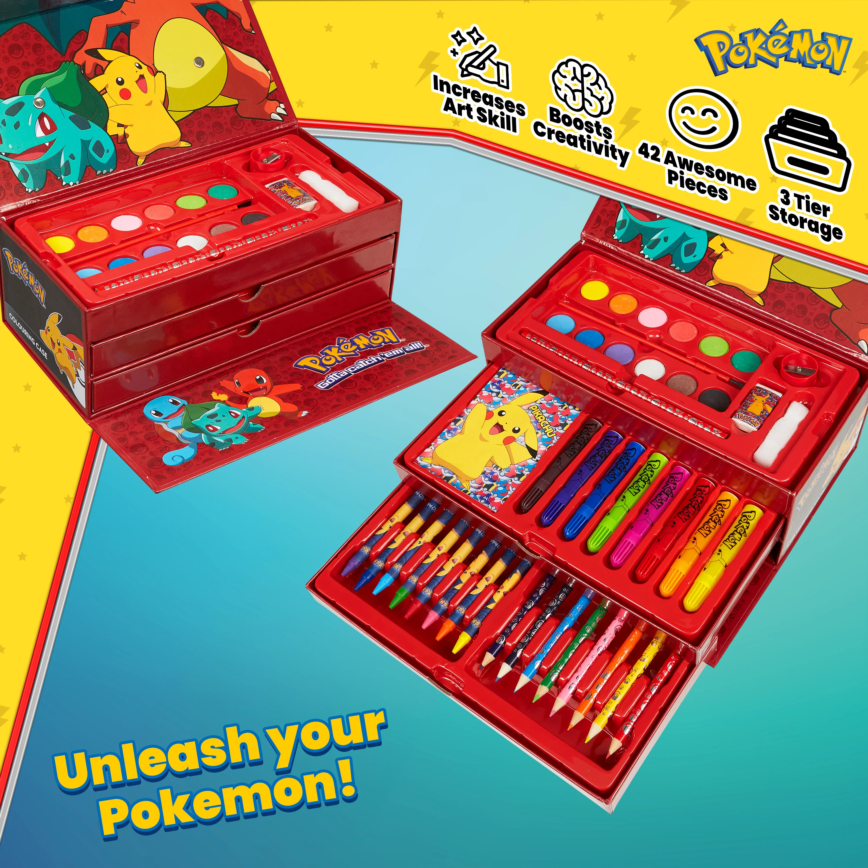 Pokemon Art Supplies Set with Colouring Pencils Felt Tip Pens Watercolour Paints Wax Crayons for Drawing Painting Set Pikachu Travel Art Set Anime Gifts (Black/Red) - Image 5