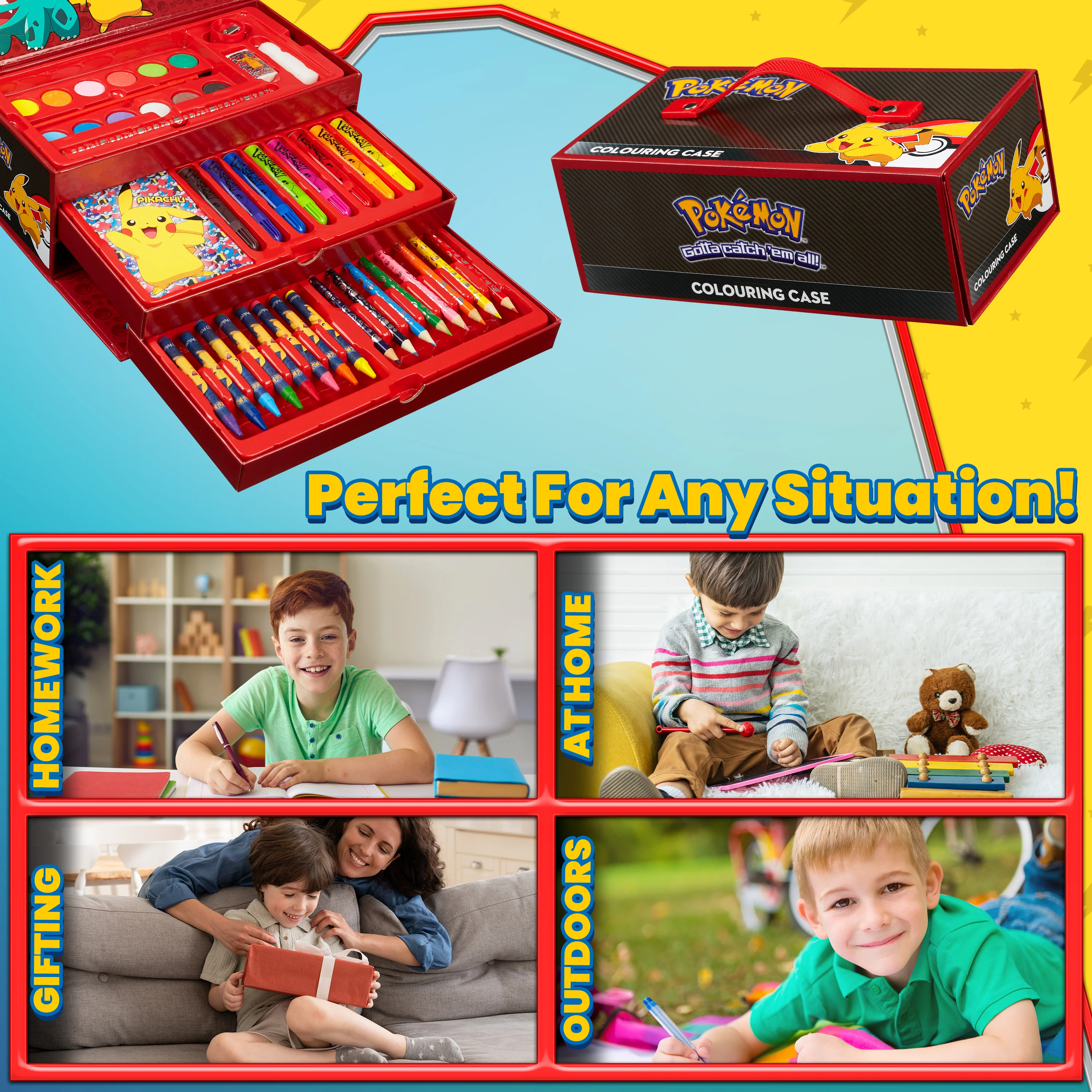 Pokemon Art Supplies Set with Colouring Pencils Felt Tip Pens Watercolour Paints Wax Crayons for Drawing Painting Set Pikachu Travel Art Set Anime Gifts (Black/Red) - Image 6