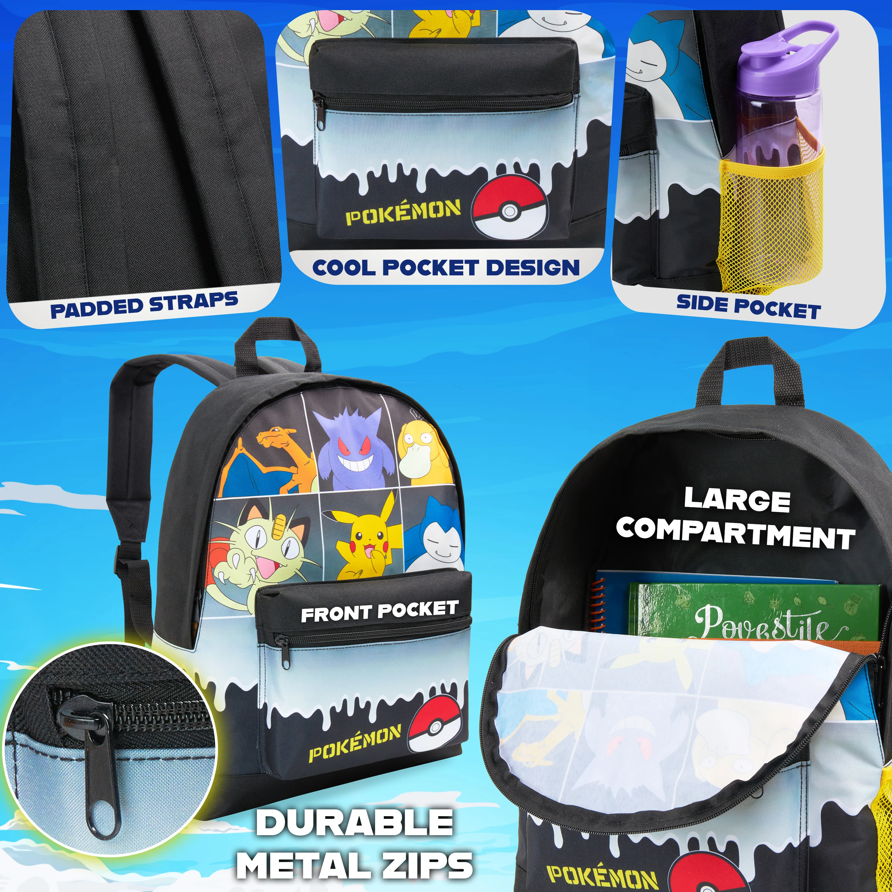 Pokemon Backpack for Kids Teenagers Pikachu Rucksack School Bag with Zipped Pockets Adjustable Straps Charizard Daypack for Travel Sports Anime Gifts - Image 4