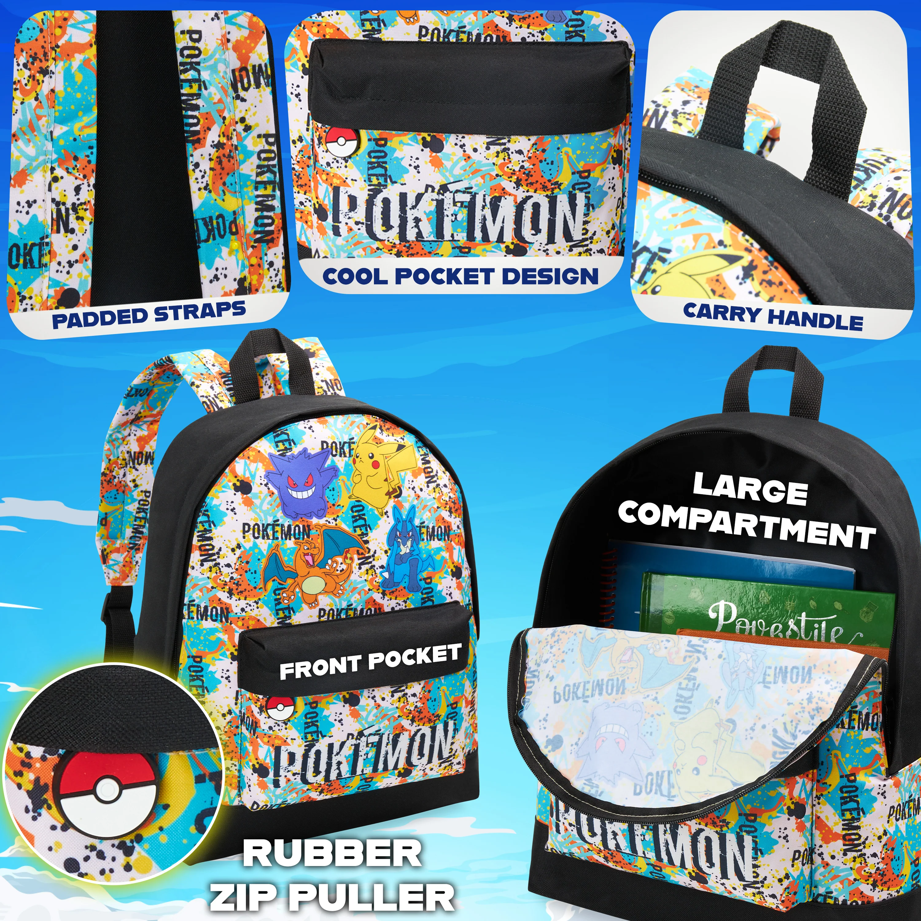 Pokemon Backpack for Kids Teenagers Pikachu Rucksack School Bag with Zipped Pockets Adjustable Straps Charizard Daypack for Travel Sports Anime Gifts - Image 5