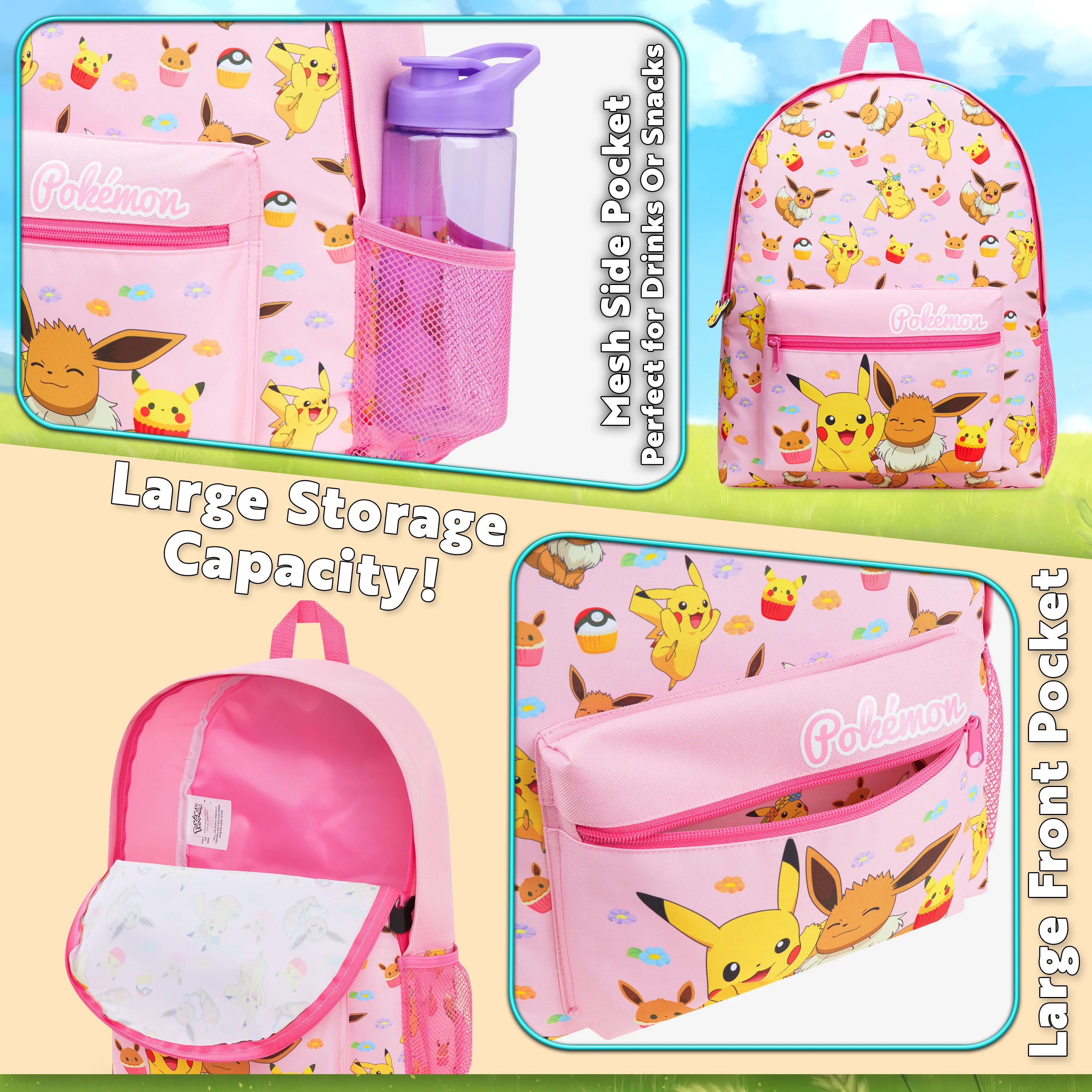 Pokemon Backpack Kids School Bag Boys Girls Teens Pikachu Eevee Pokeball - Image 5