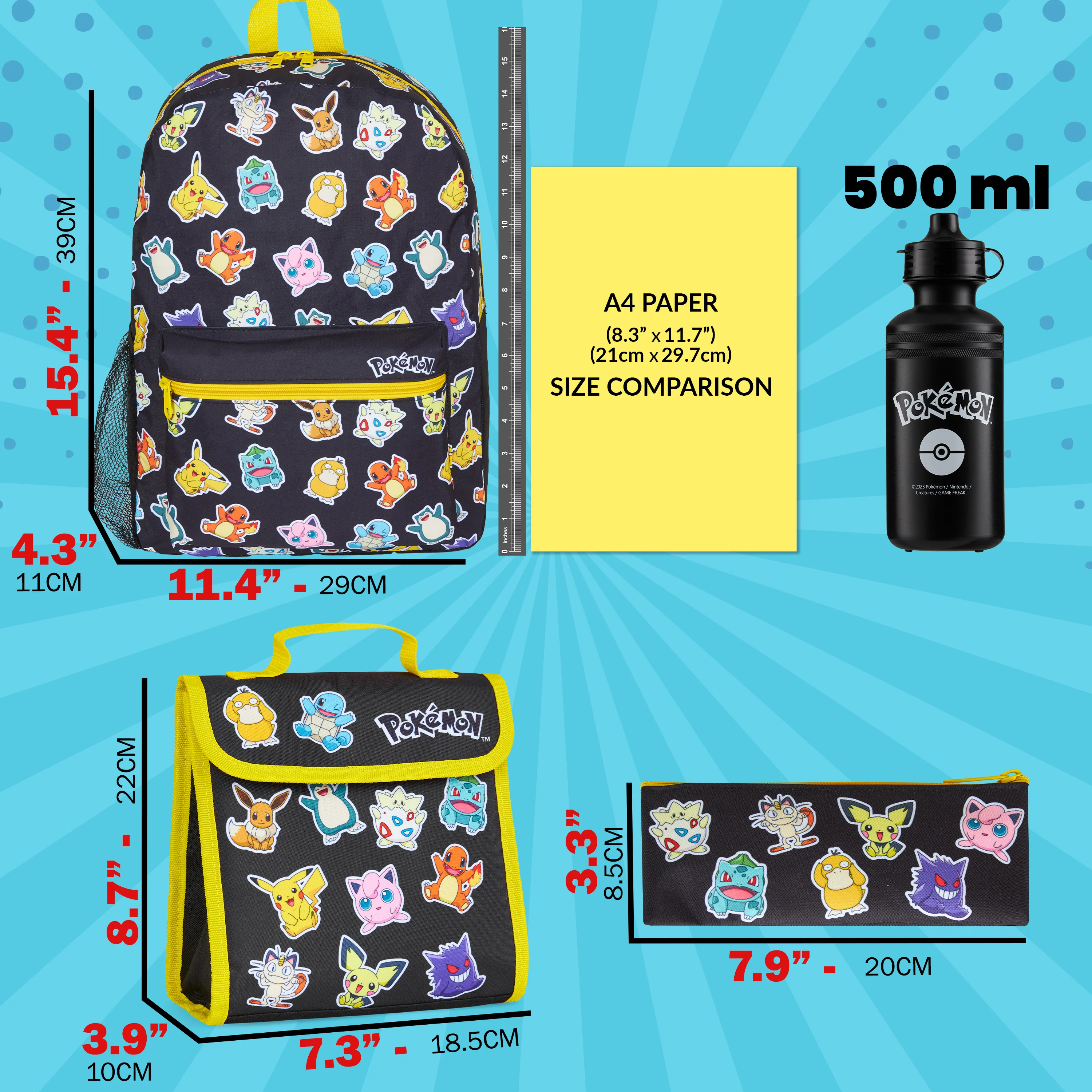 Pokemon Backpack Set 4 Pcs Water Bottle Backpack Pencil Case Insulated Lunch Bag - Image 2