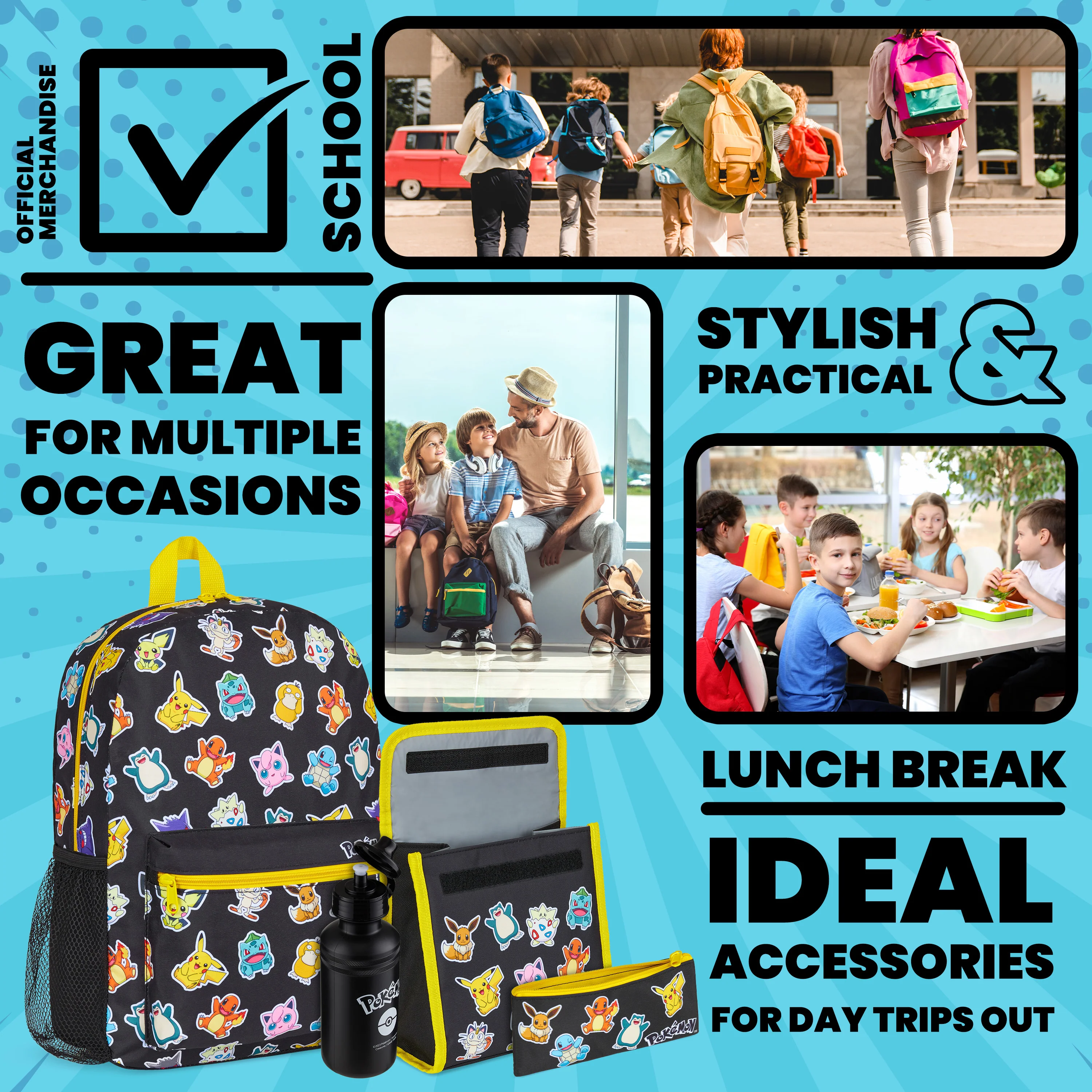 Pokemon Backpack Set 4 Pcs Water Bottle Backpack Pencil Case Insulated Lunch Bag - Image 4