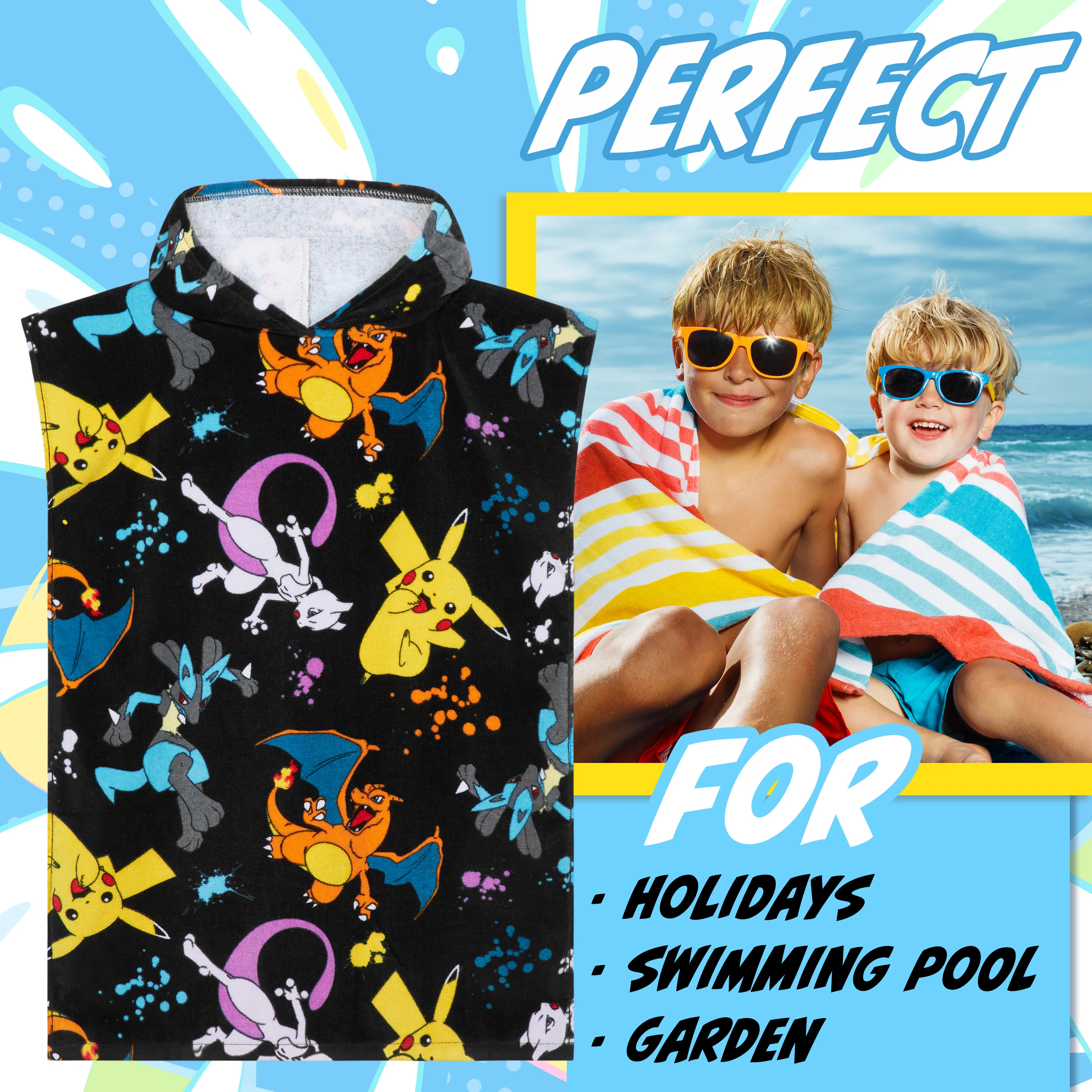 Pokemon Bath Towel with Hood for Kids Teenagers Absorbent Anime Changing Robe Cotton Poncho Towel for Swimming Bath Shower Beach Towel Holiday Essentials (Black/Multi, 10-13 Years) - Image 2