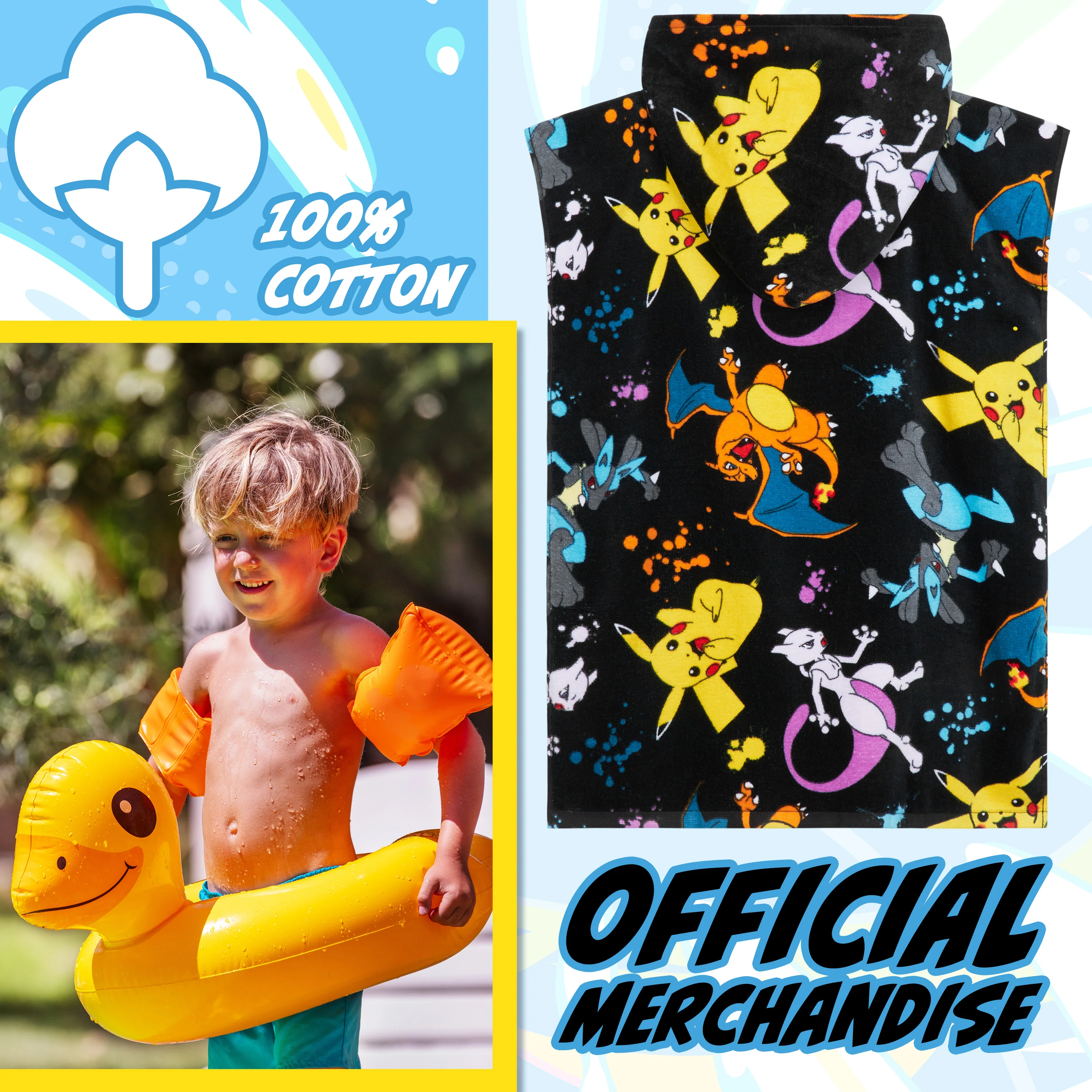 Pokemon Bath Towel with Hood for Kids Teenagers Absorbent Anime Changing Robe Cotton Poncho Towel for Swimming Bath Shower Beach Towel Holiday Essentials (Black/Multi, 10-13 Years) - Image 3