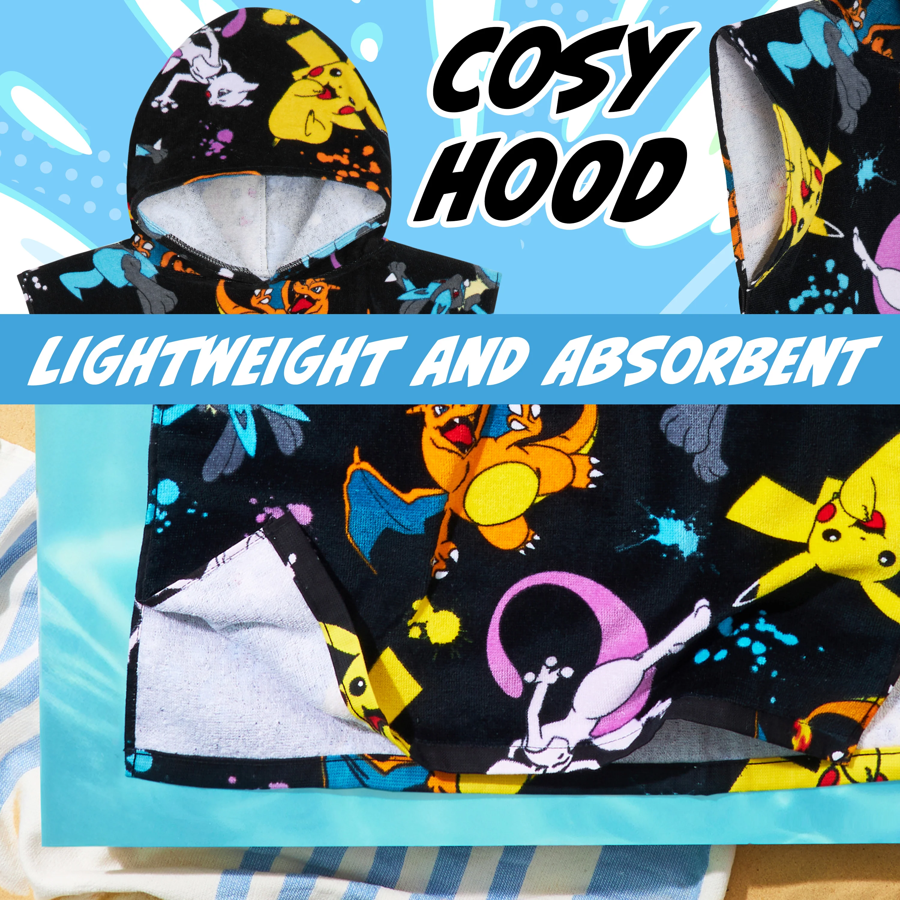 Pokemon Bath Towel with Hood for Kids Teenagers Absorbent Anime Changing Robe Cotton Poncho Towel for Swimming Bath Shower Beach Towel Holiday Essentials (Black/Multi, 10-13 Years) - Image 4