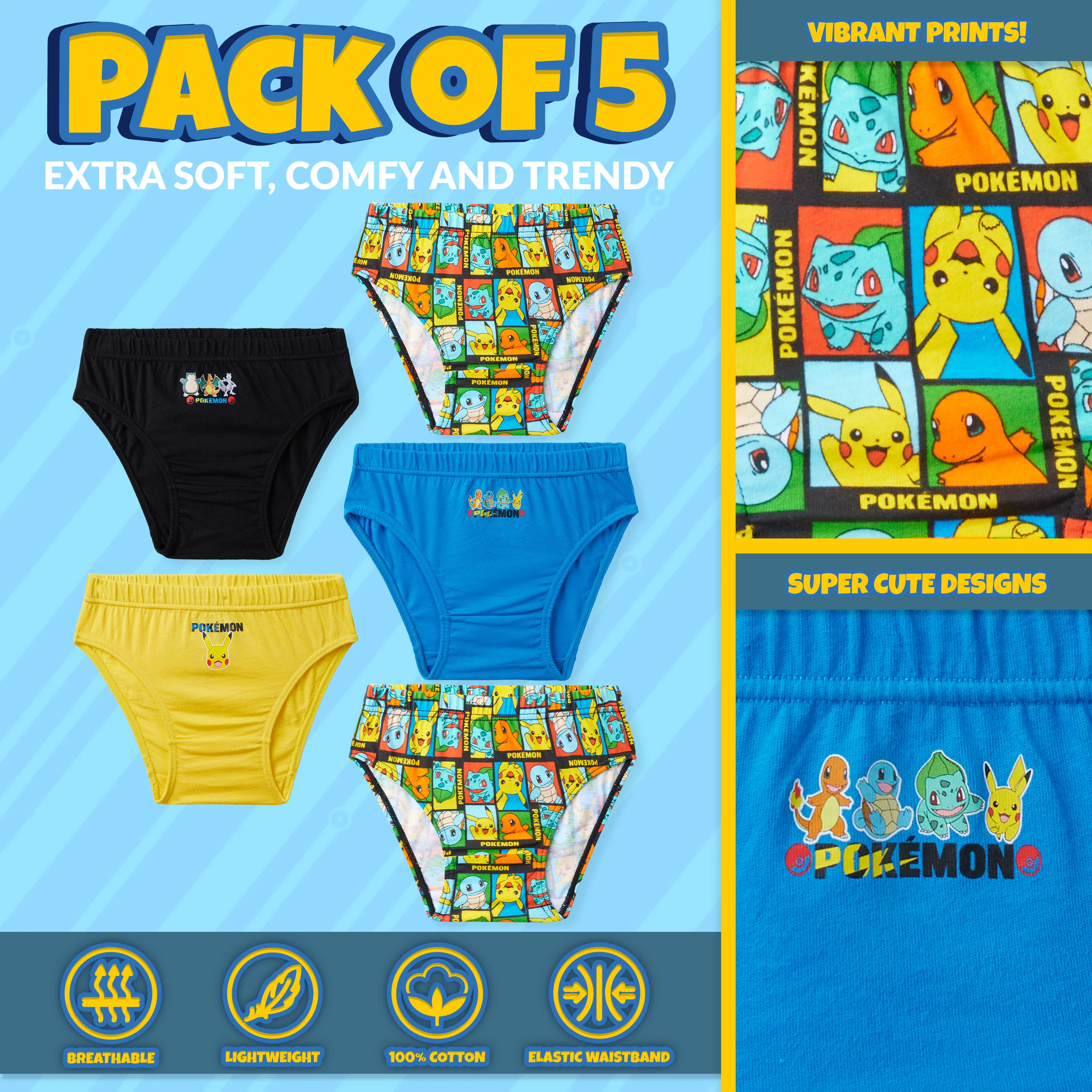 Pokemon Boys Briefs, Comfortable Cotton Breathable Underwear Pack of 5 Kids Underpants - Image 4