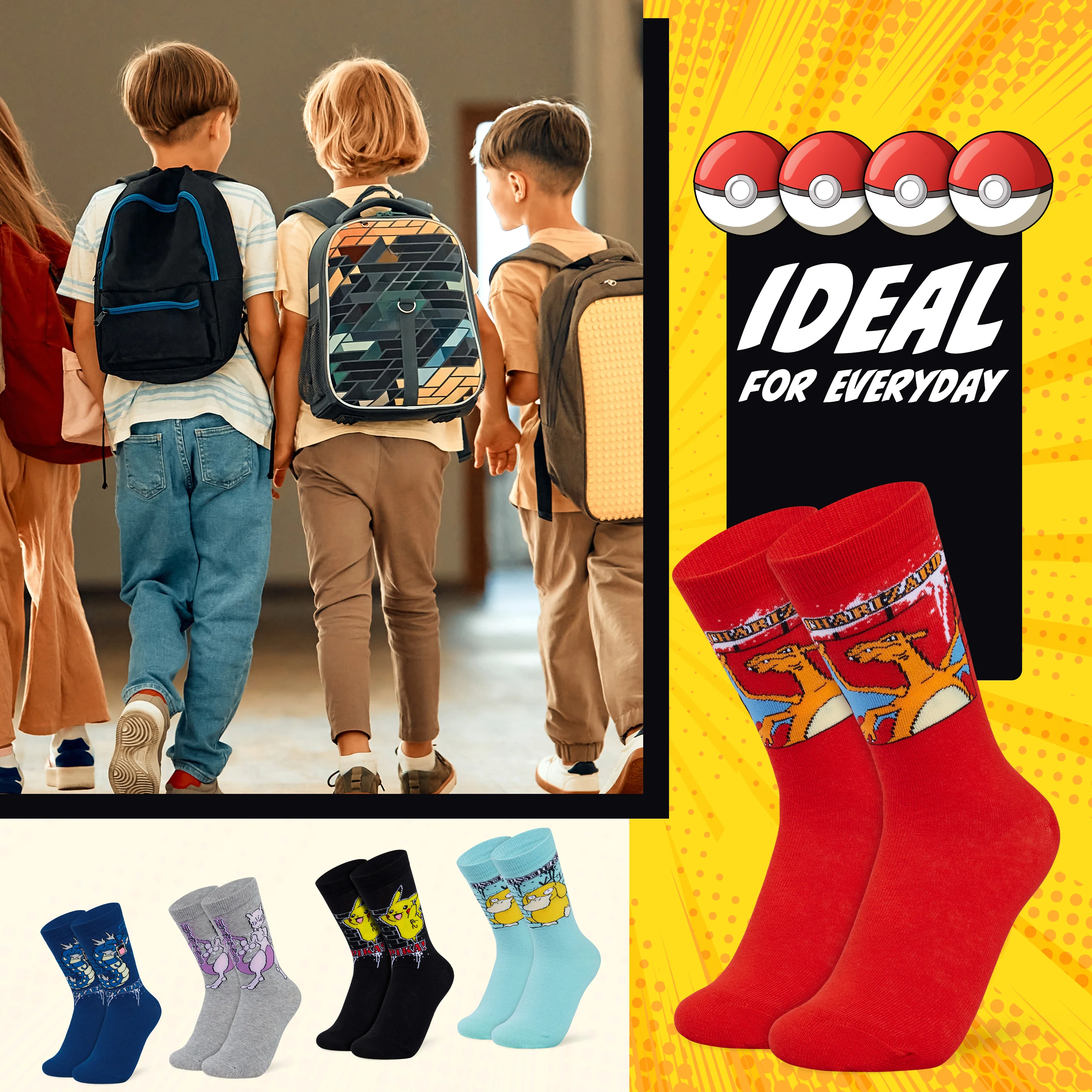 Pokemon Boys Calf Socks, Pikachu Soft Breathable Kids Socks Pack of 5 - Image 5