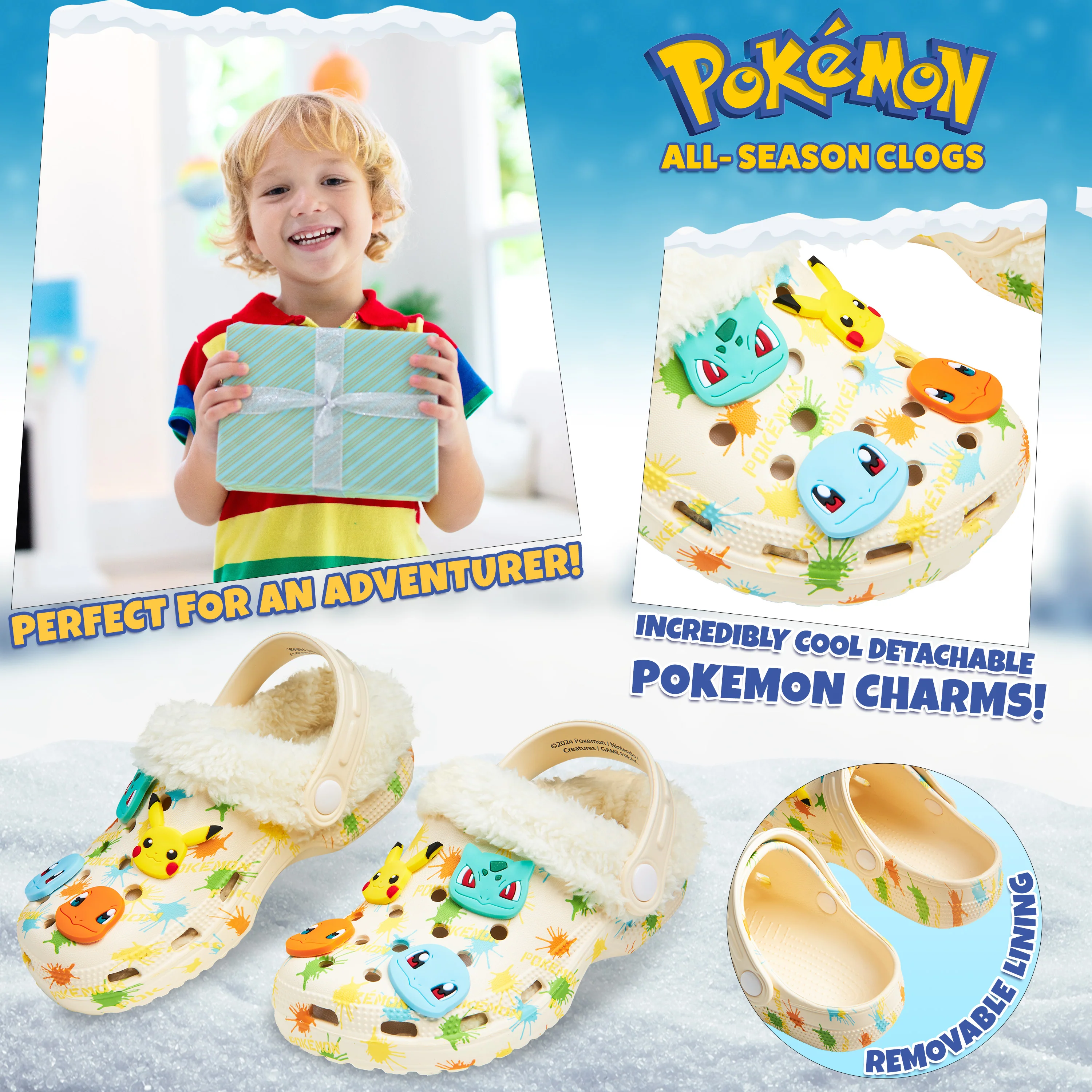 Pokemon Kids Clogs with Removable Fur Lining & Charms, Anime Gifts for Kids - Image 3