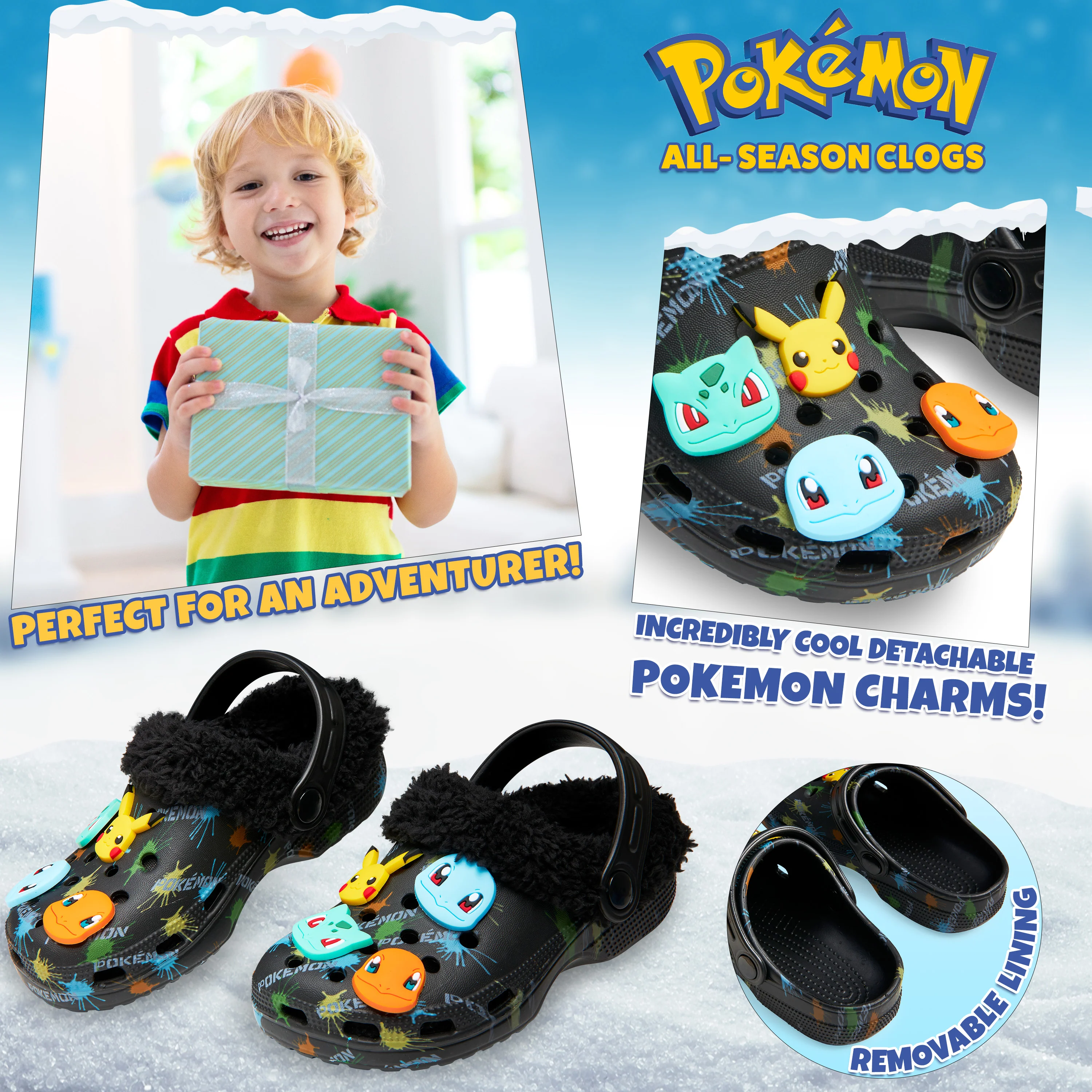 Pokemon Boys Clogs with Removable Fur Lining & Charms, Anime Gifts for Boys - Image 3