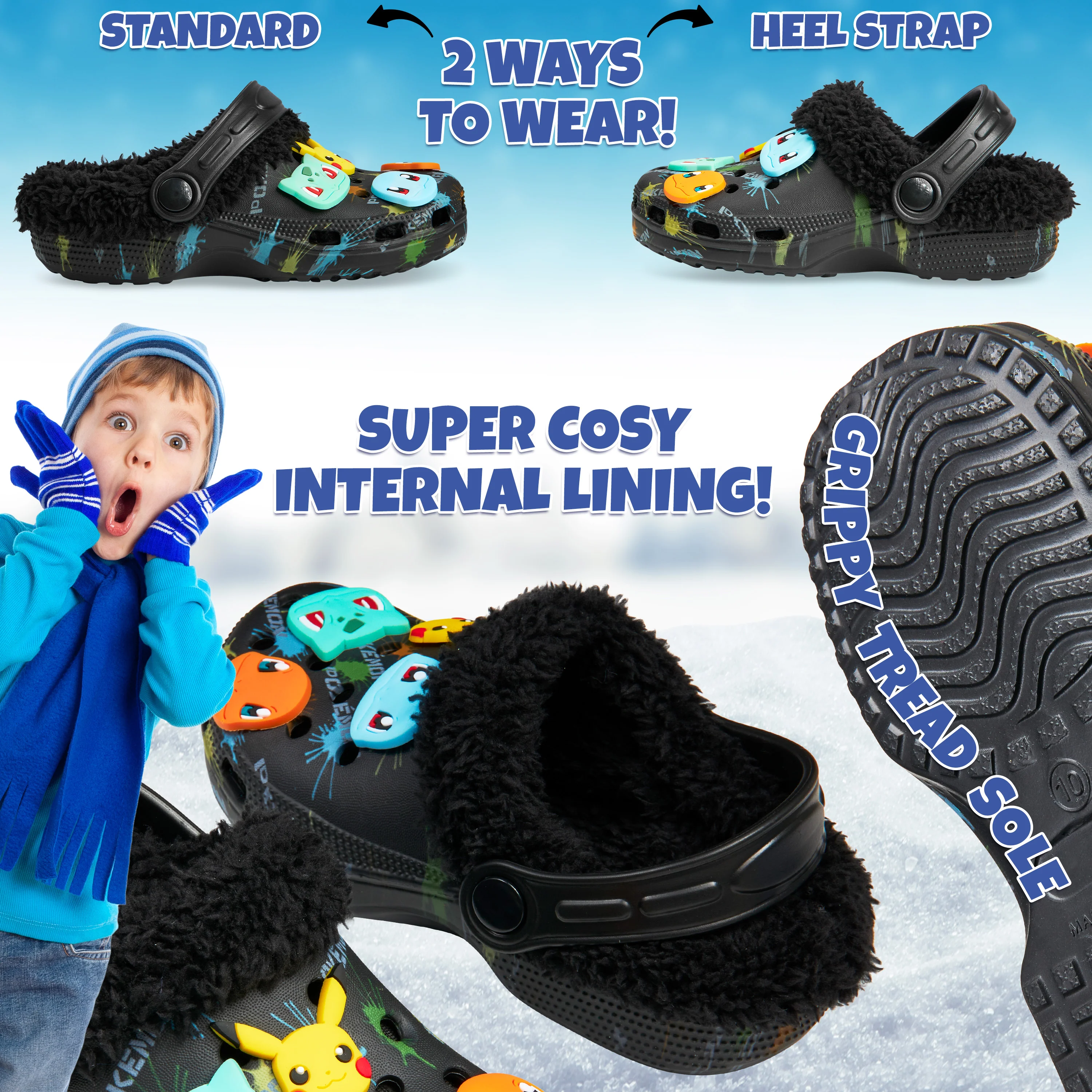 Pokemon Boys Clogs with Removable Fur Lining & Charms, Anime Gifts for Boys - Image 4