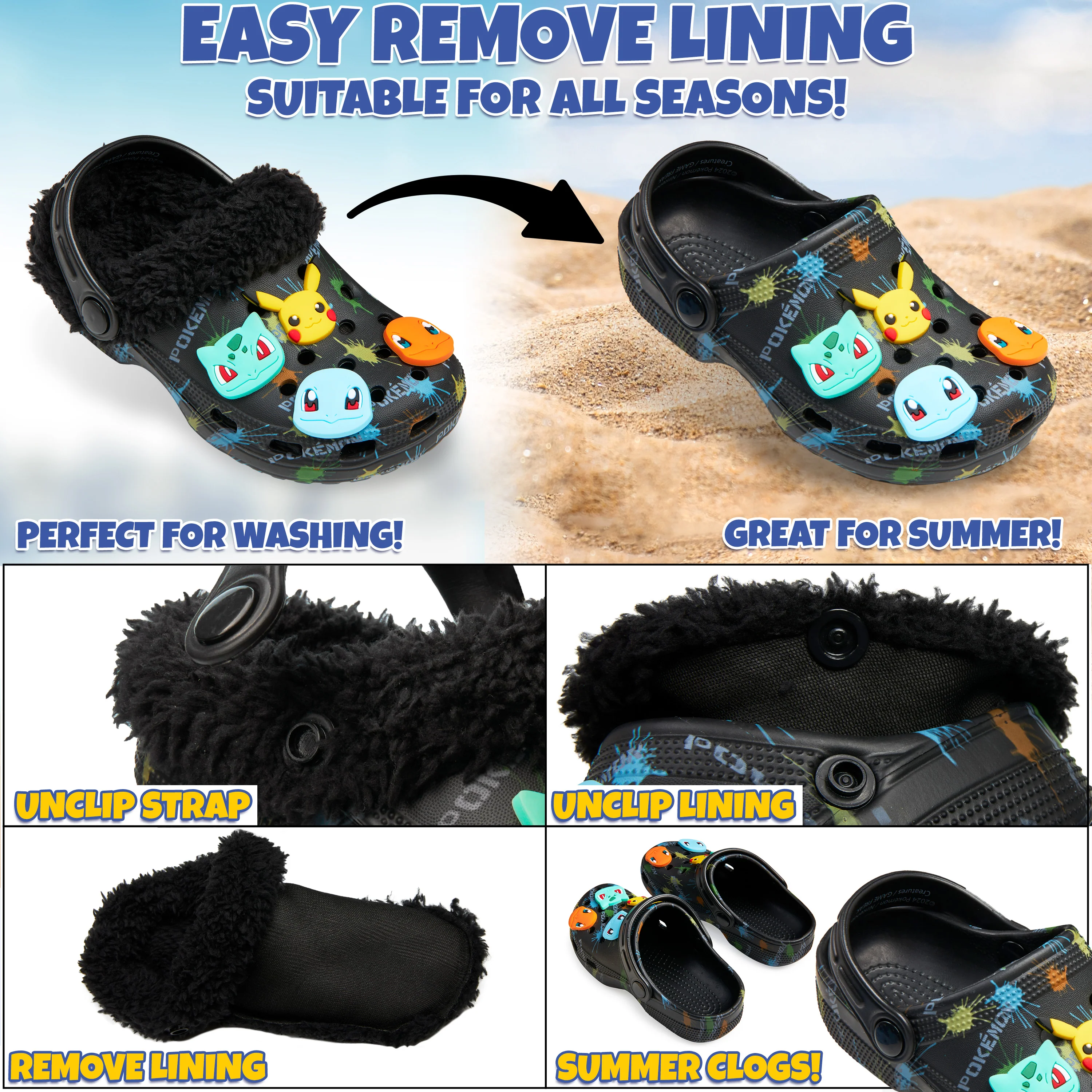 Pokemon Boys Clogs with Removable Fur Lining & Charms, Anime Gifts for Boys - Image 5