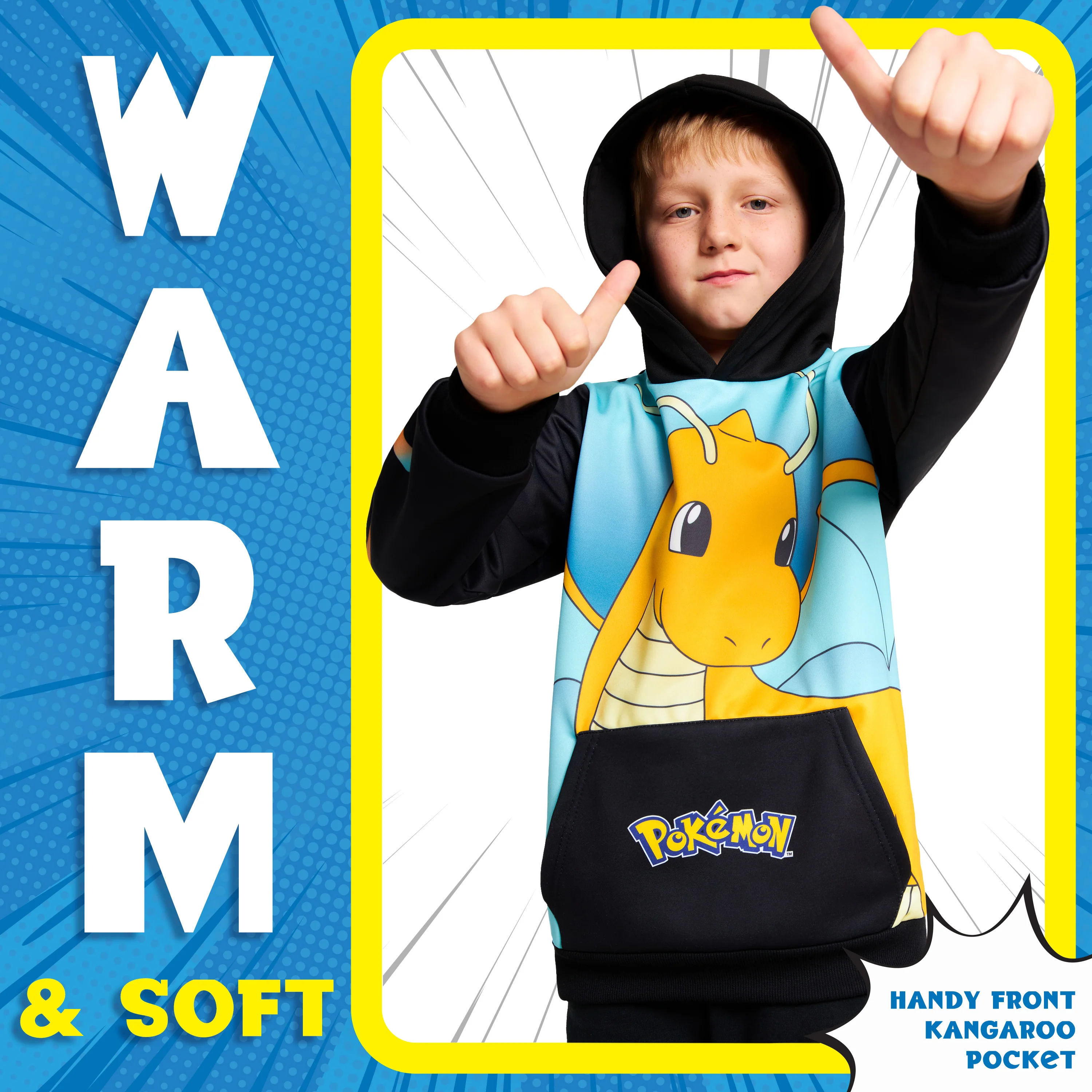 Pokemon Boys Hoodie with Cuffed Sleeves, Kangaroo Pocket - Black/Blue Dragonite - Image 4