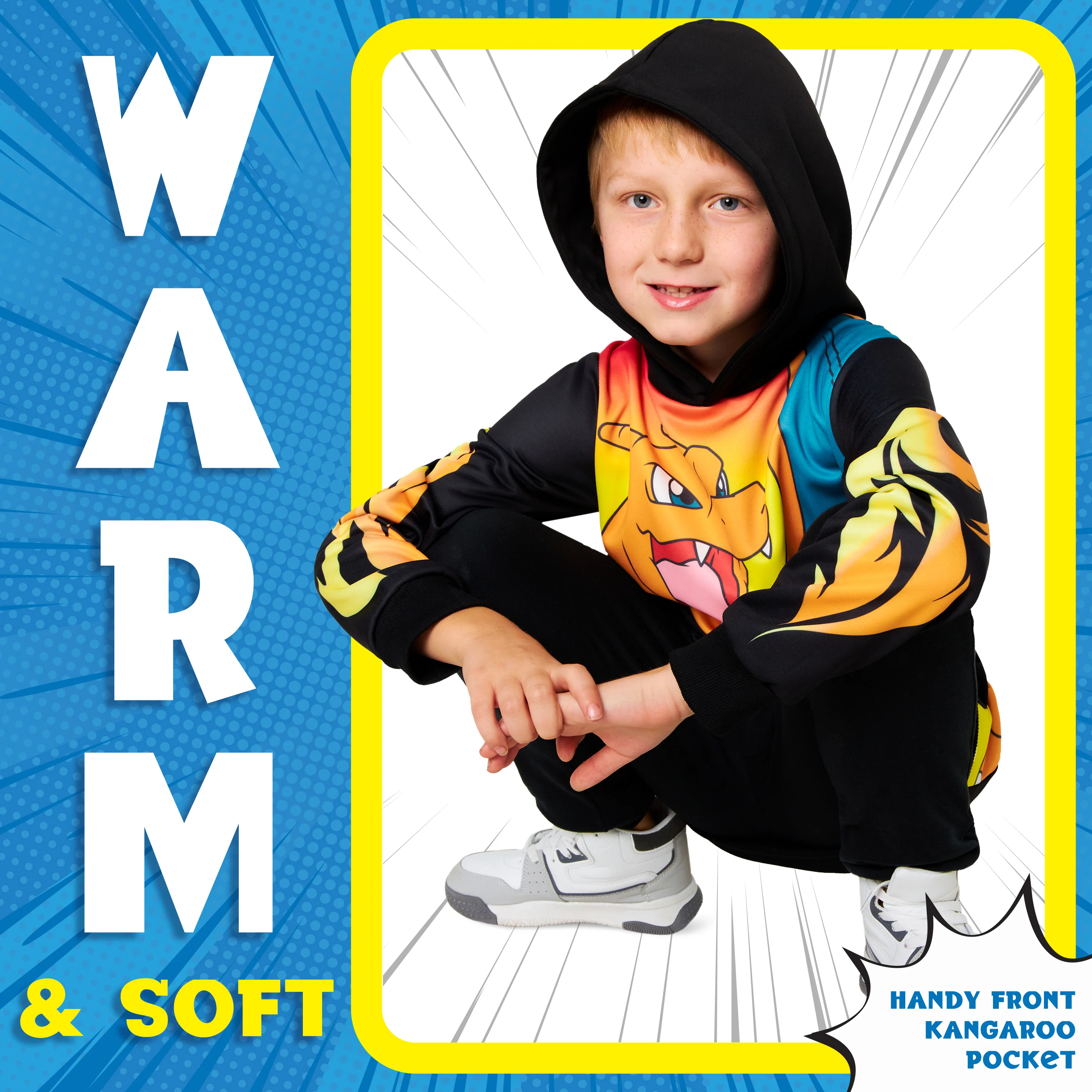 Pokemon Boys Hoodie with Cuffed Sleeves, Kangaroo Pocket - Black/Orange Charizard - Image 4