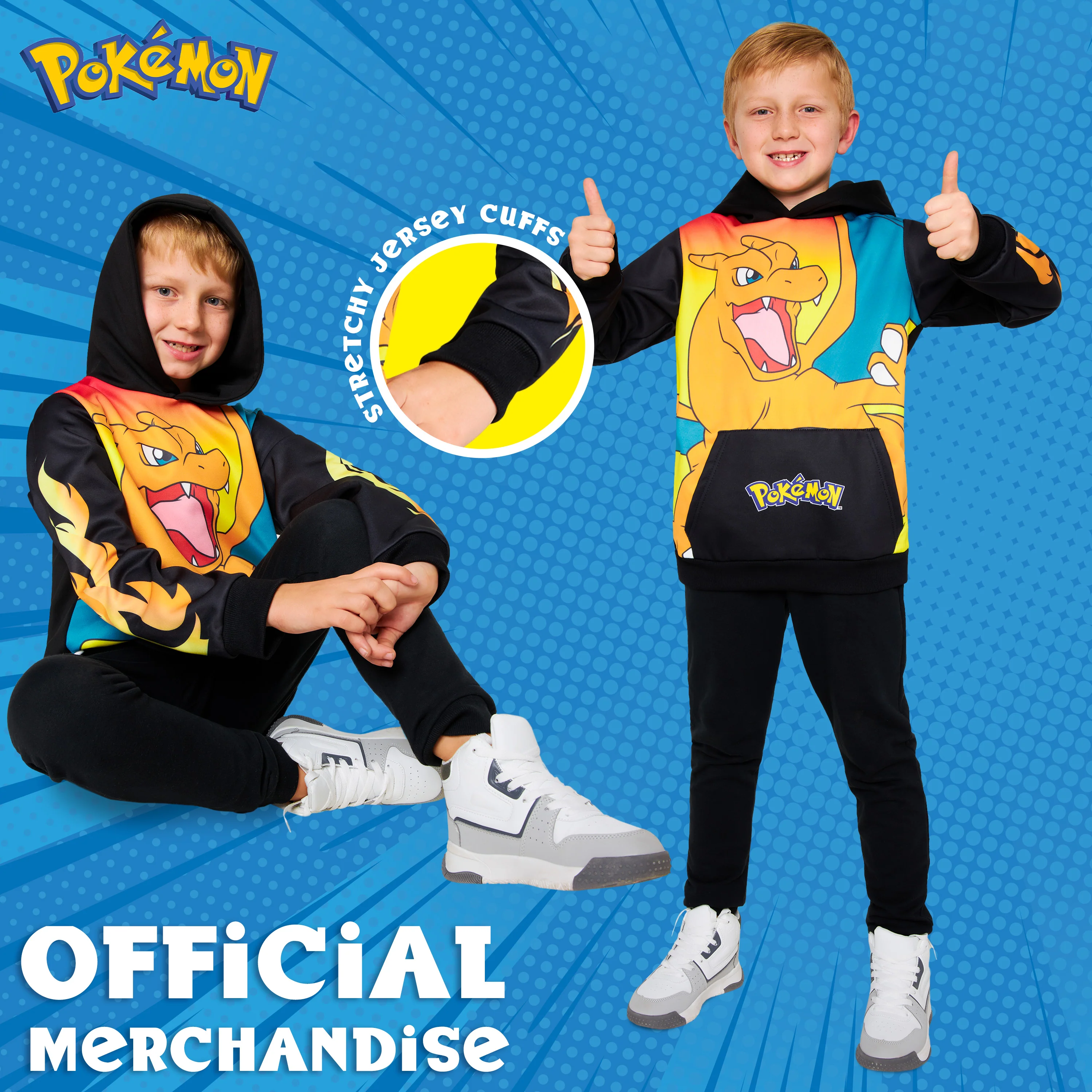 Pokemon Boys Hoodie with Cuffed Sleeves, Kangaroo Pocket - Black/Orange Charizard - Image 5