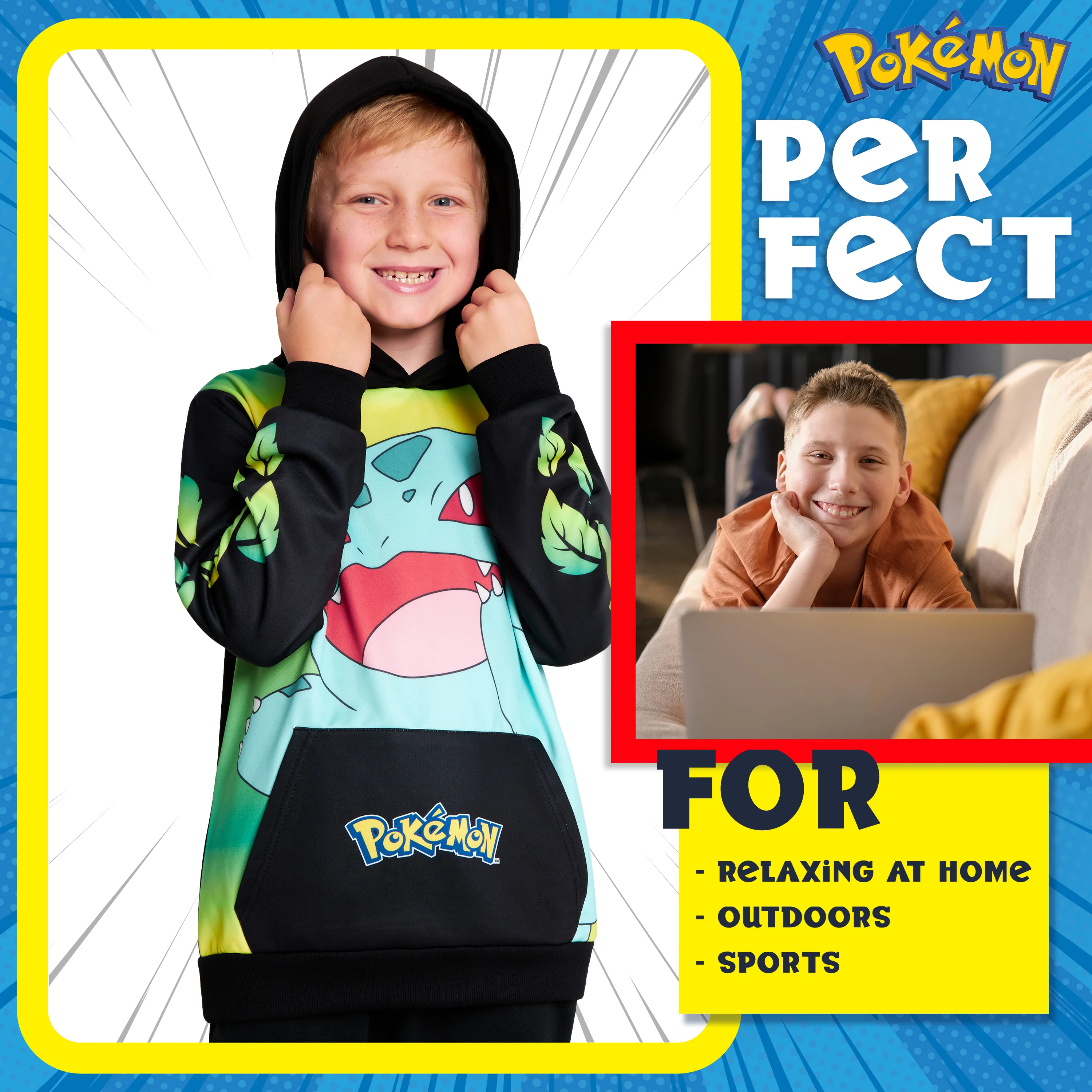 Pokemon Boys Hoodie with Cuffed Sleeves, Kangaroo Pocket - Black/Yellow Bulbasaur - Image 3