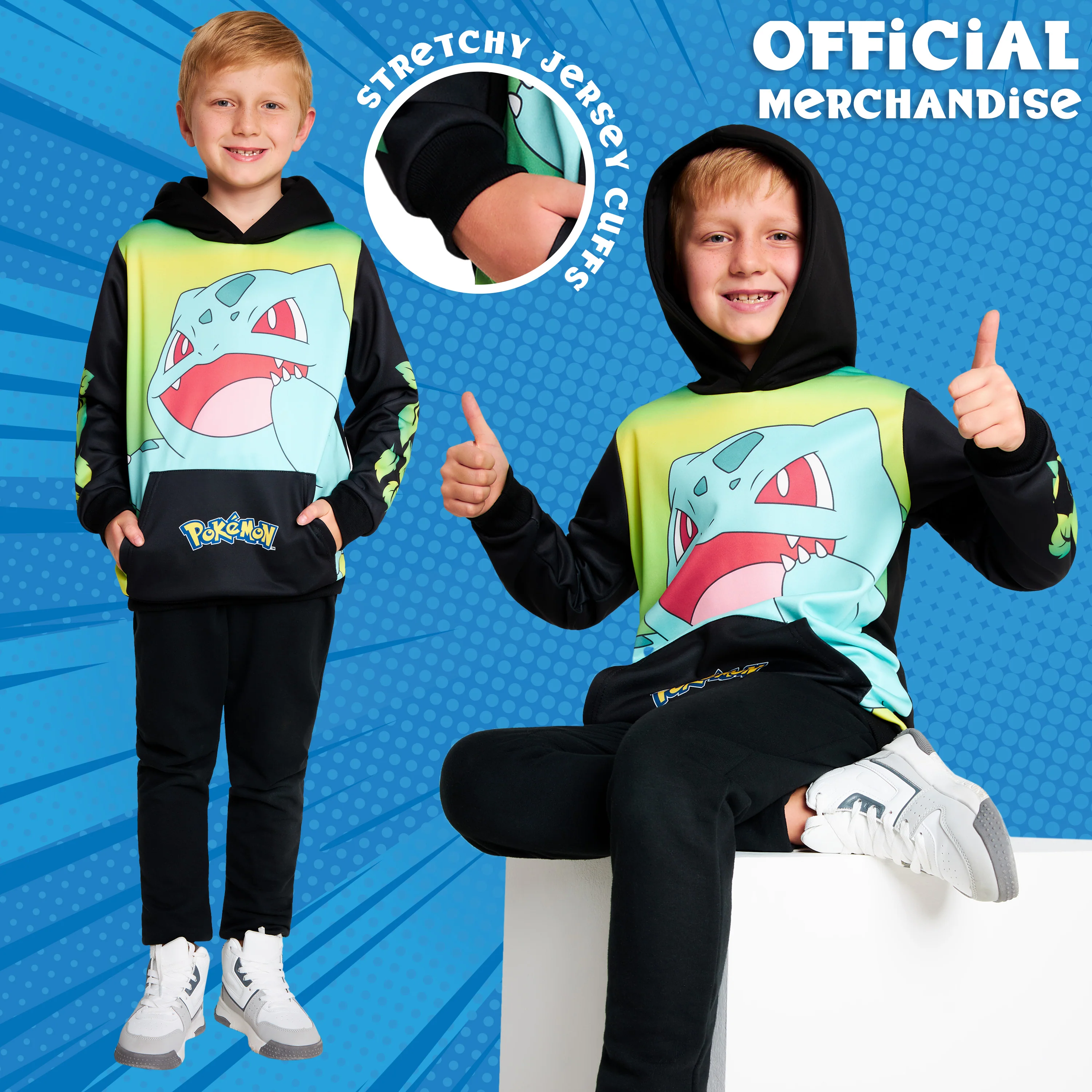 Pokemon Boys Hoodie with Cuffed Sleeves, Kangaroo Pocket - Black/Yellow Bulbasaur - Image 5