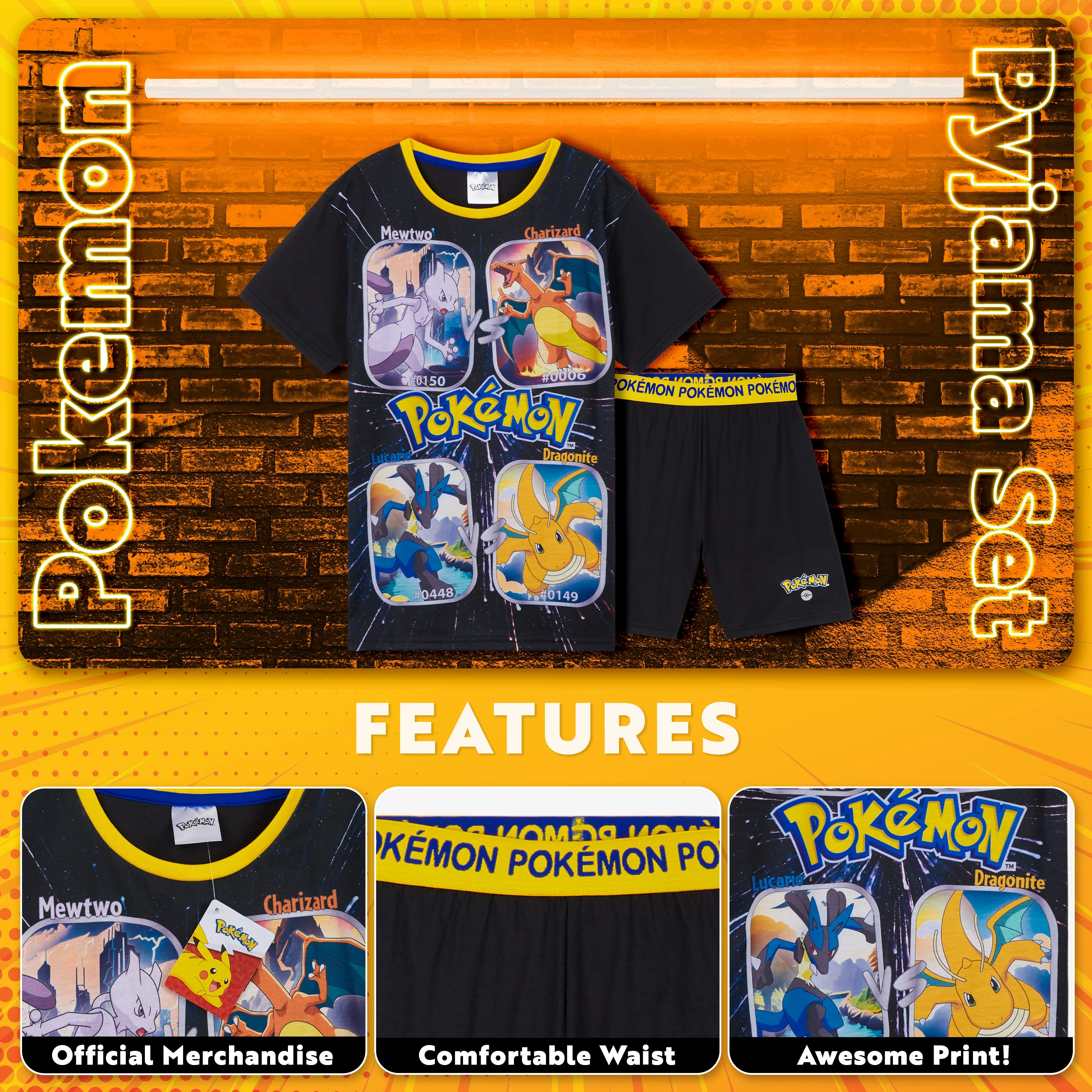 Pokemon Boys Short Pyjamas Set, Breathable Lounge Wear - Black/Yellow - Image 3