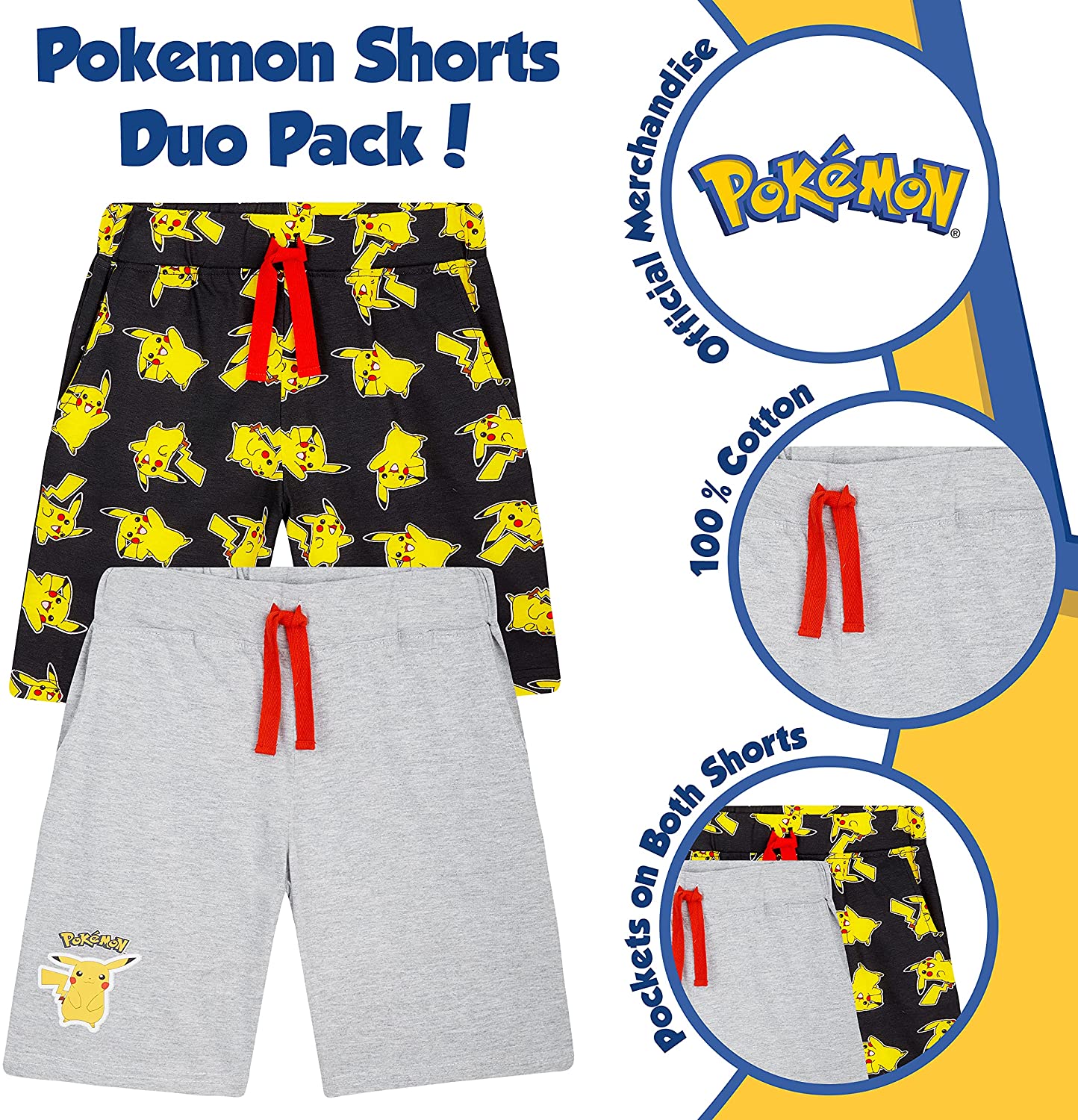 Pokemon Boys Shorts, Set of 2 Jogger Shorts for Kids Sports Lounge - Image 3