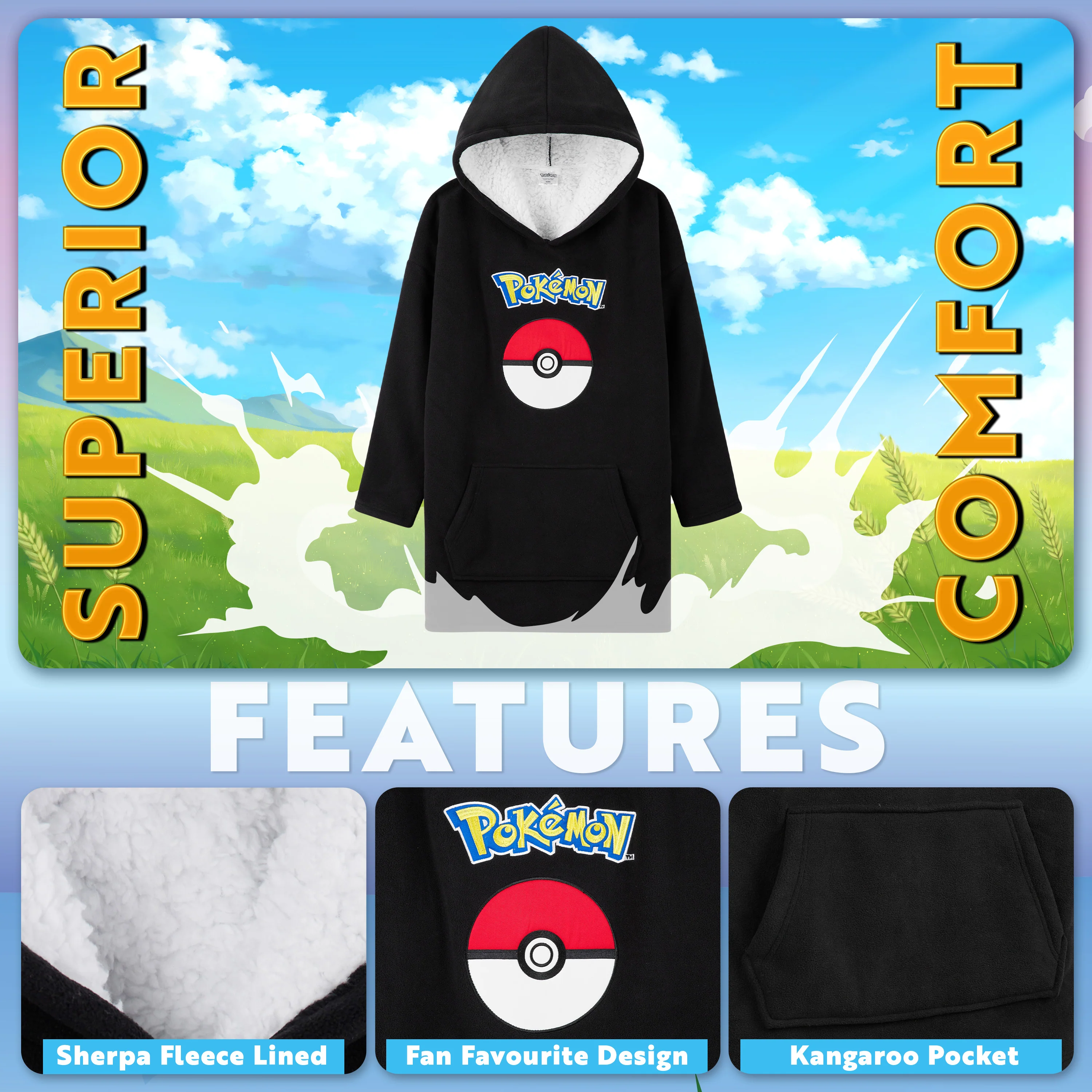 Pokemon Fleece Hoodie Blanket for Kids and Teenagers - Black - Image 3