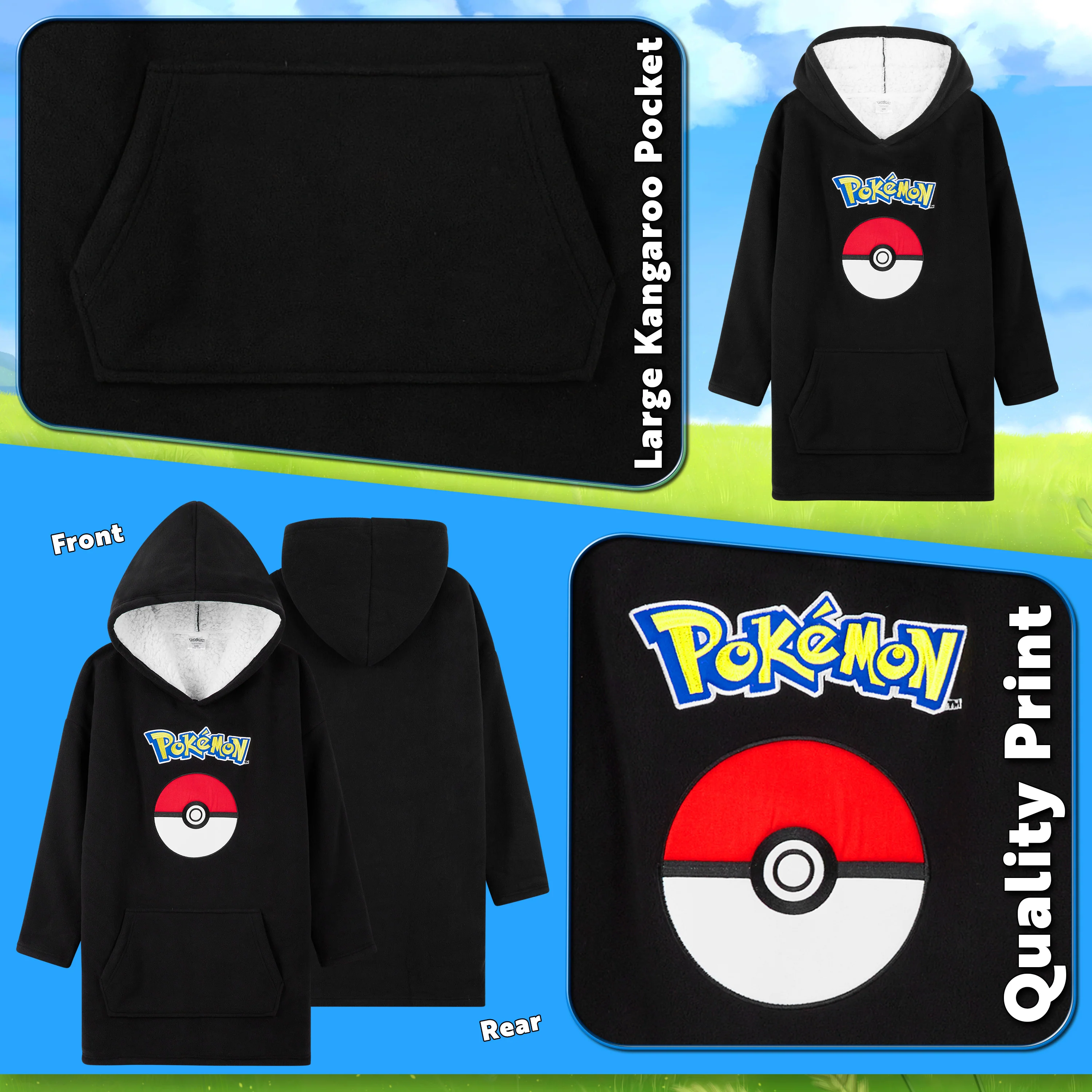 Pokemon Fleece Hoodie Blanket for Kids and Teenagers - Black - Image 5