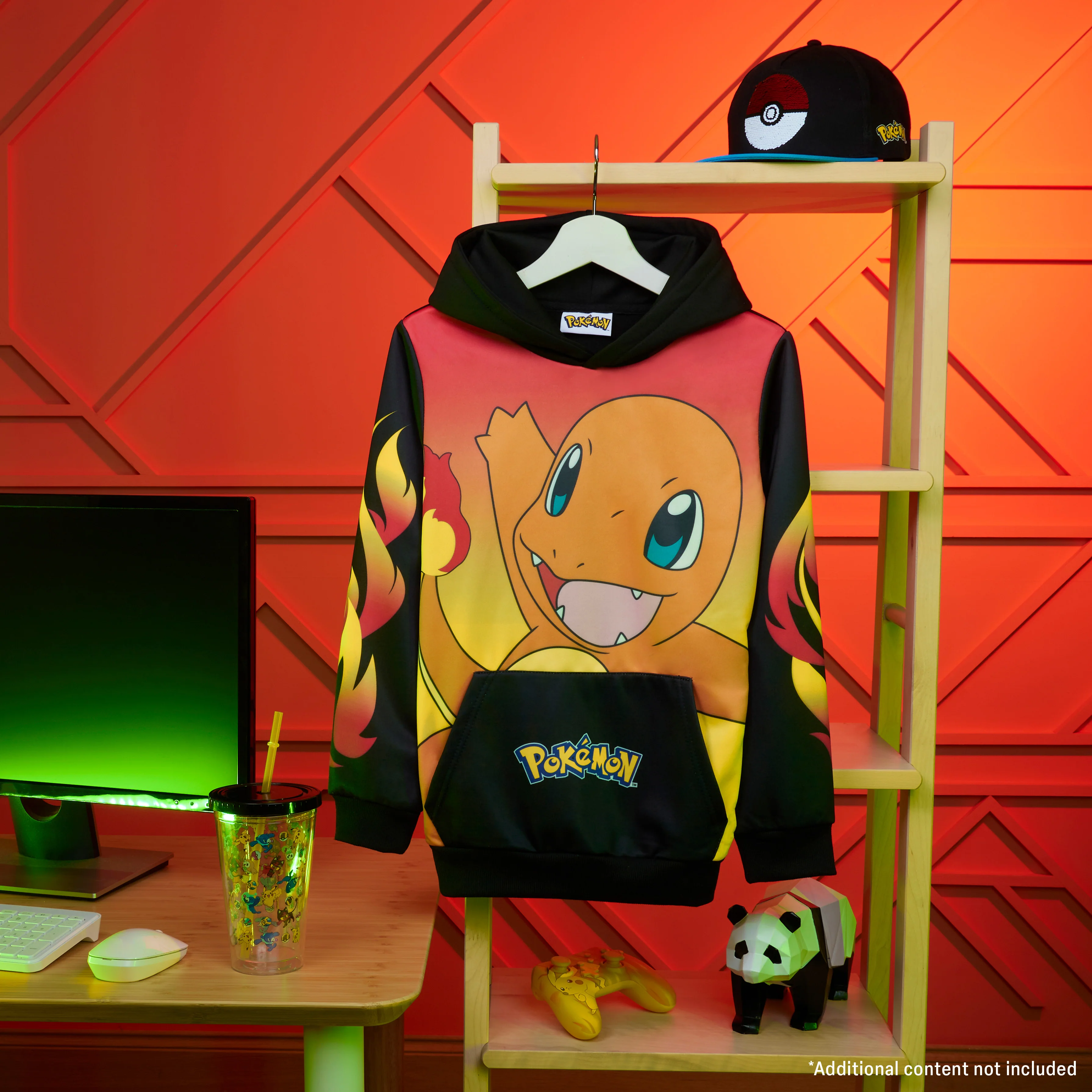 Pokemon Boys Hoodie with Cuffed Sleeves, Kangaroo Pocket - Black/Red Charmander - Image 2