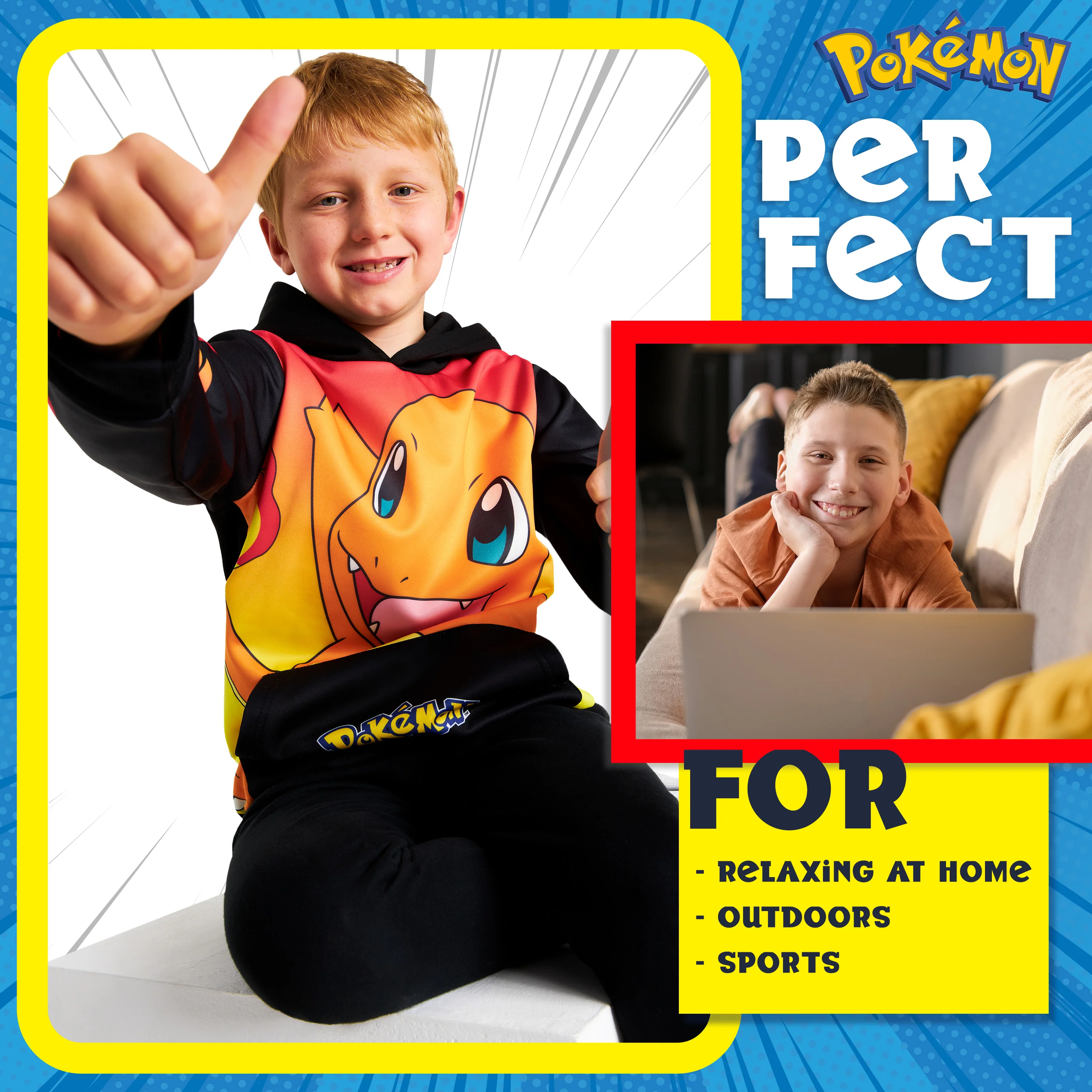 Pokemon Boys Hoodie with Cuffed Sleeves, Kangaroo Pocket - Black/Red Charmander - Image 3