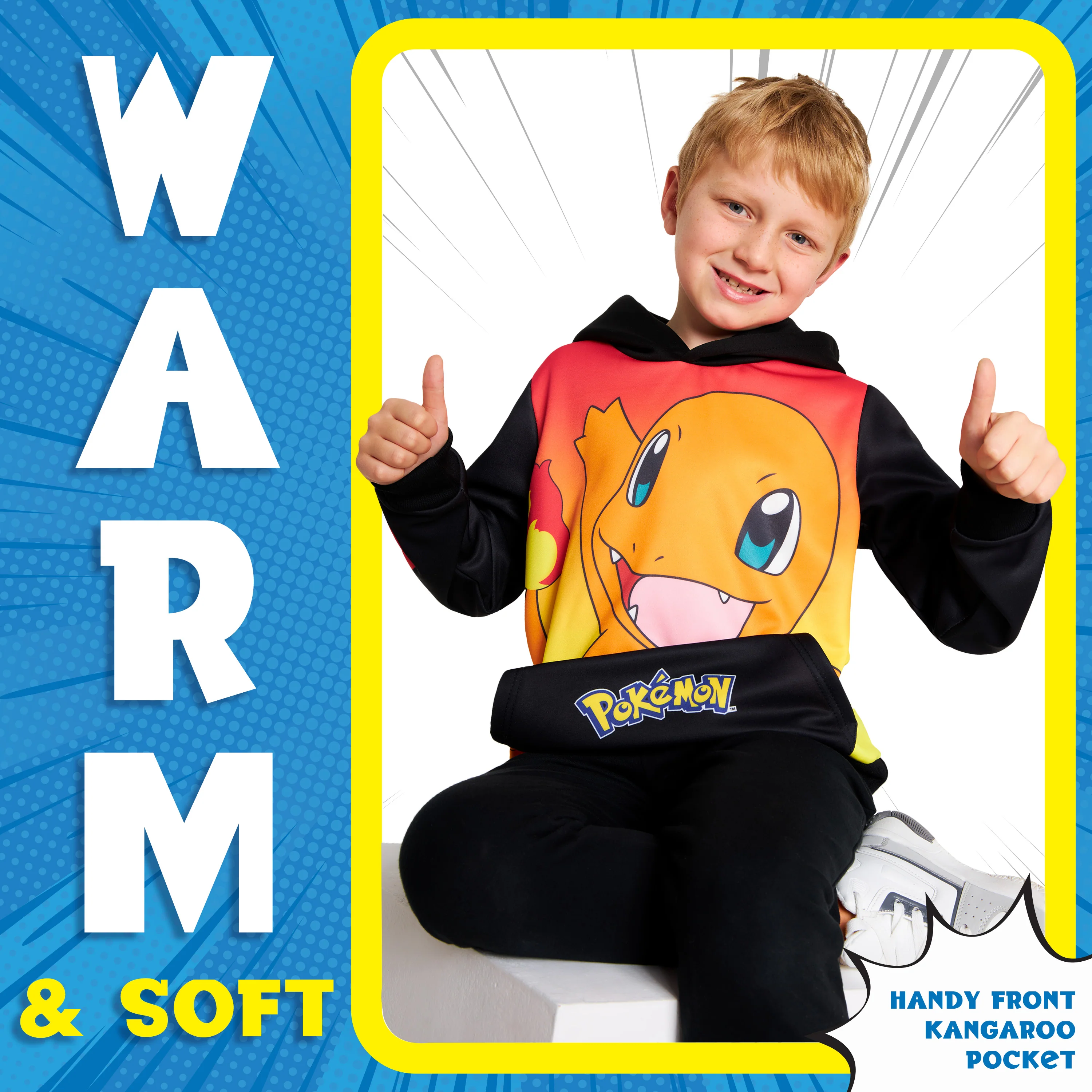 Pokemon Boys Hoodie with Cuffed Sleeves, Kangaroo Pocket - Black/Red Charmander - Image 4
