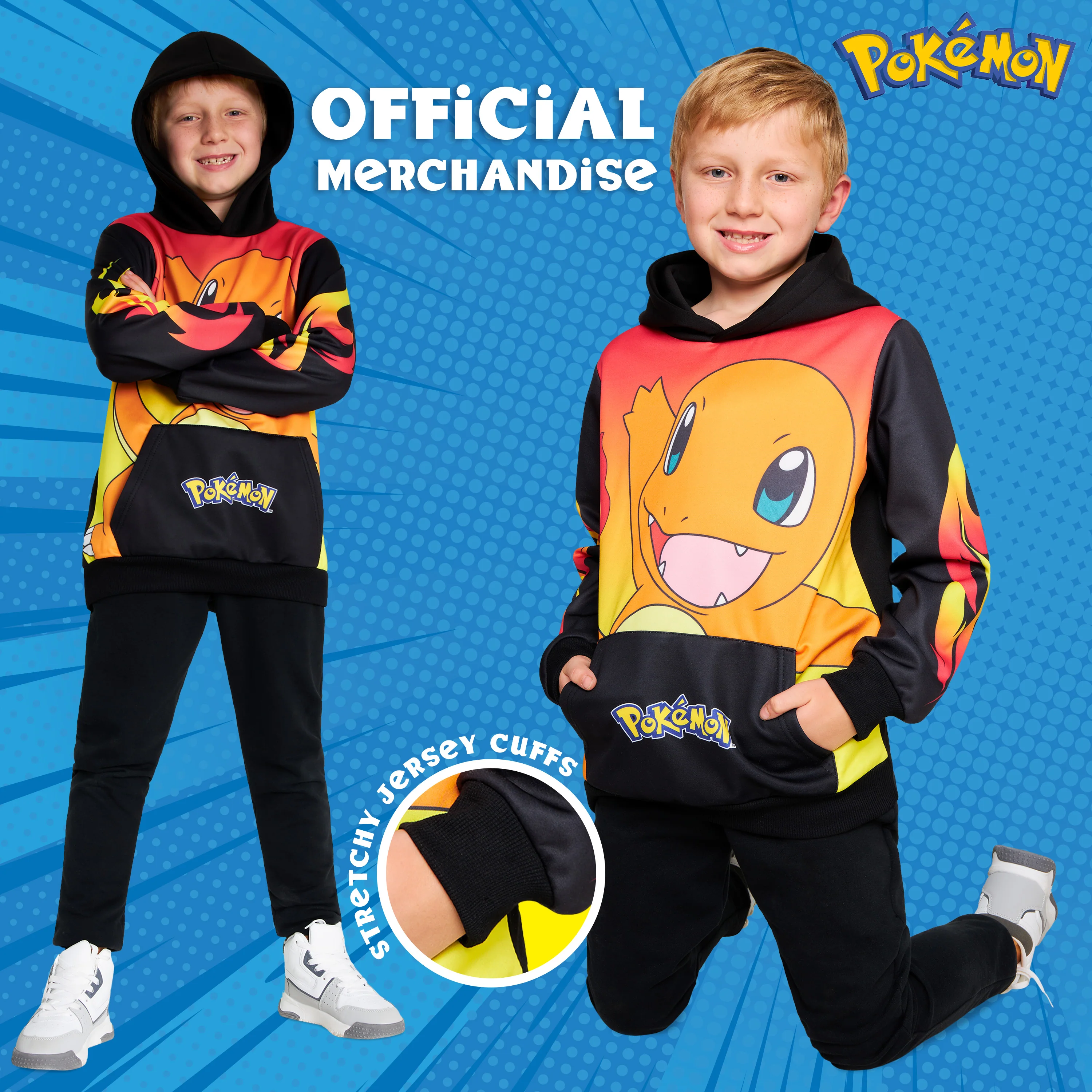 Pokemon Boys Hoodie with Cuffed Sleeves, Kangaroo Pocket - Black/Red Charmander - Image 5