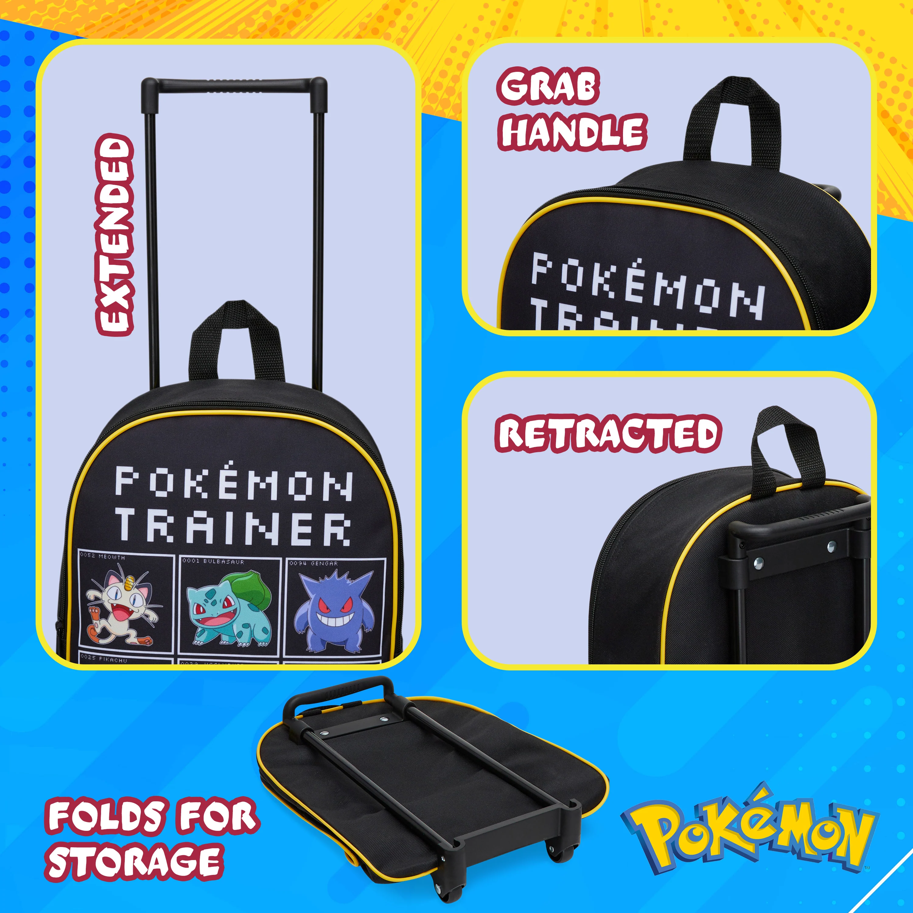 Pokemon Kids Foldable Trolley Suitcase 39 x 27cm, 10.5 litres 2 Wheels (Black/Multi) - Image 3