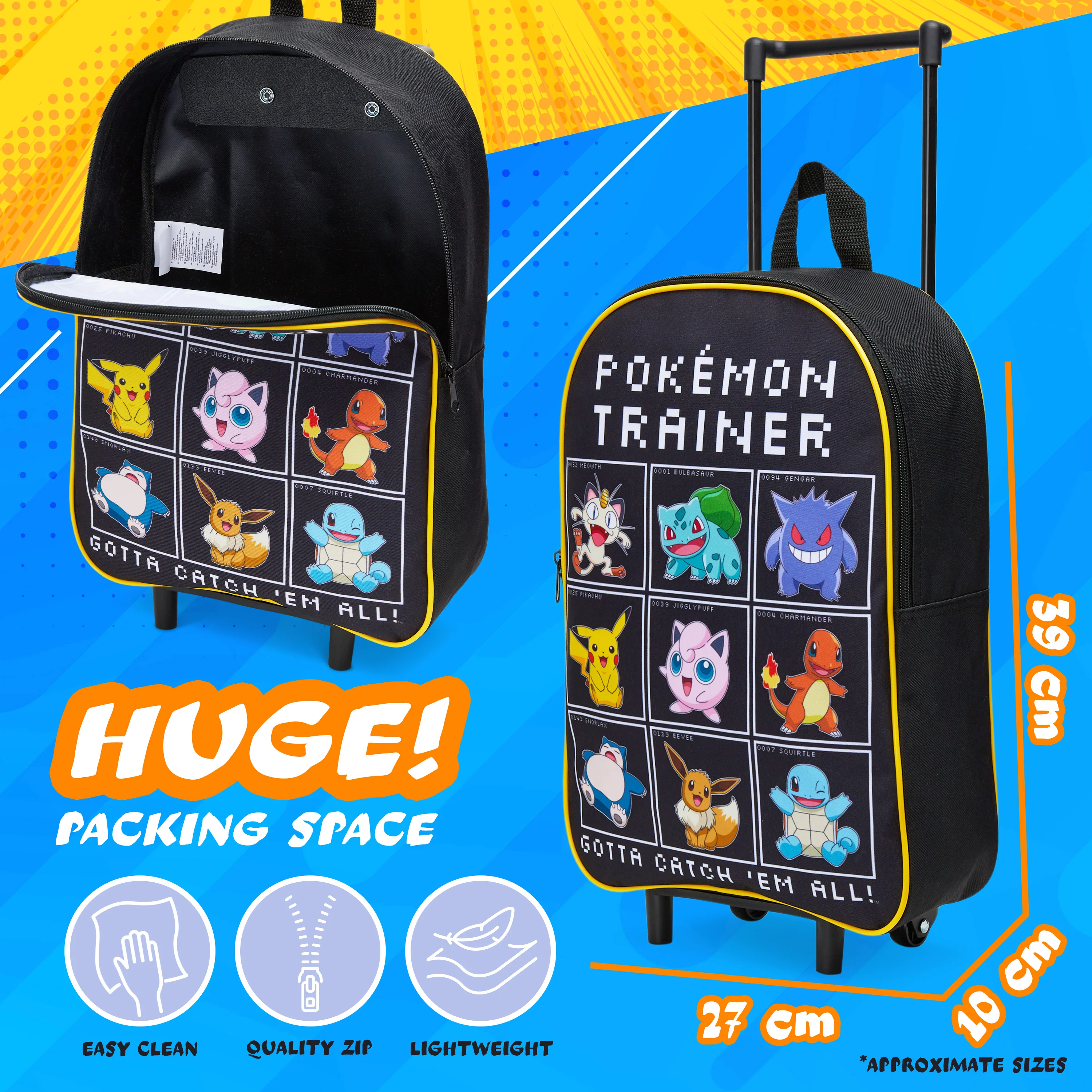 Pokemon Kids Foldable Trolley Suitcase 39 x 27cm, 10.5 litres 2 Wheels (Black/Multi) - Image 4