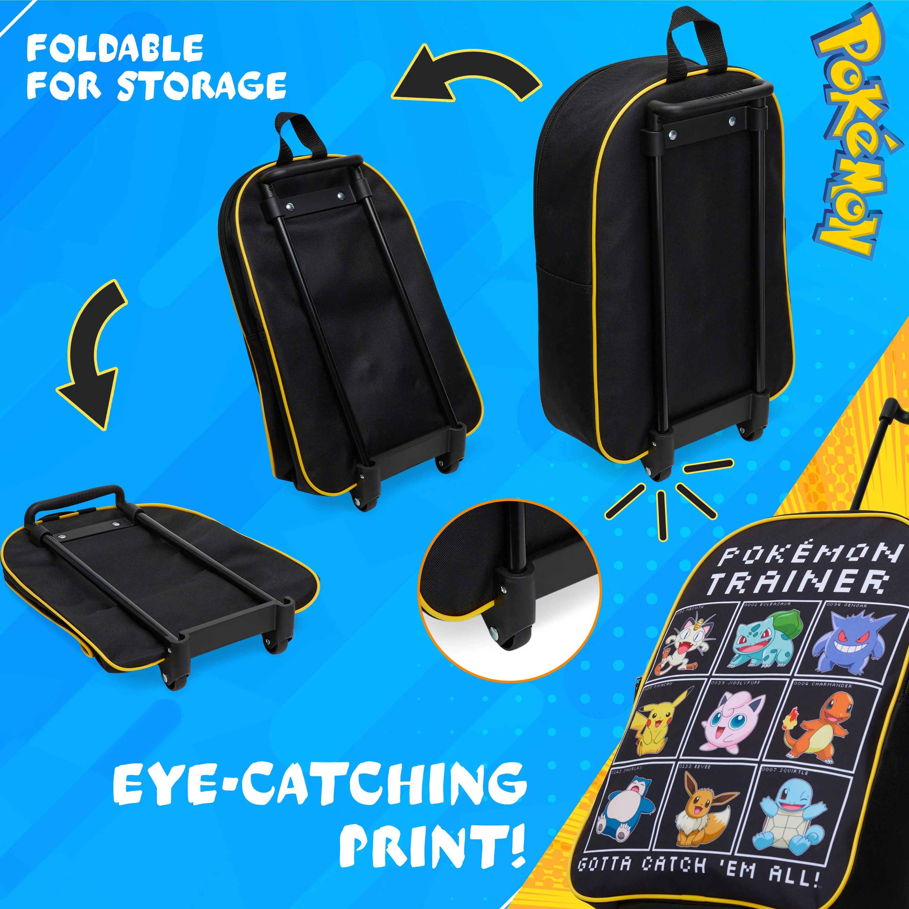 Pokemon Kids Foldable Trolley Suitcase 39 x 27cm, 10.5 litres 2 Wheels (Black/Multi) - Image 6