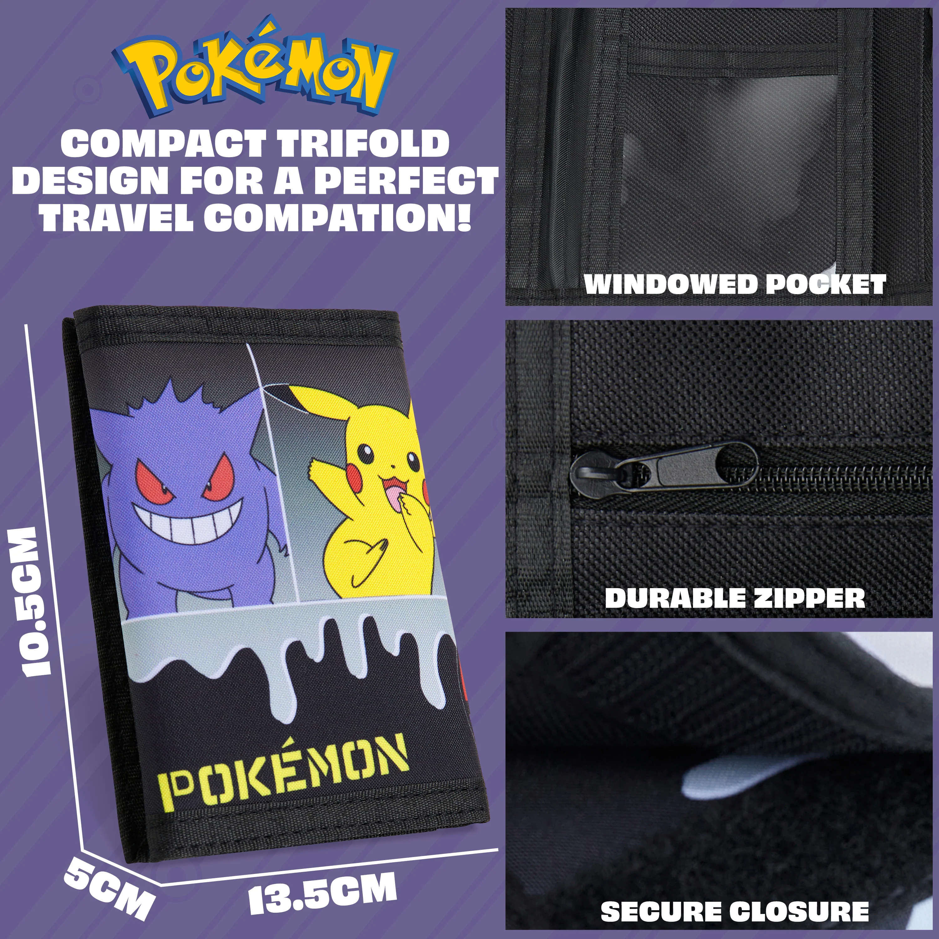 Pokemon Kids Trifold Wallet with Zipped Coin Compartment (Black/Yellow) - Image 6