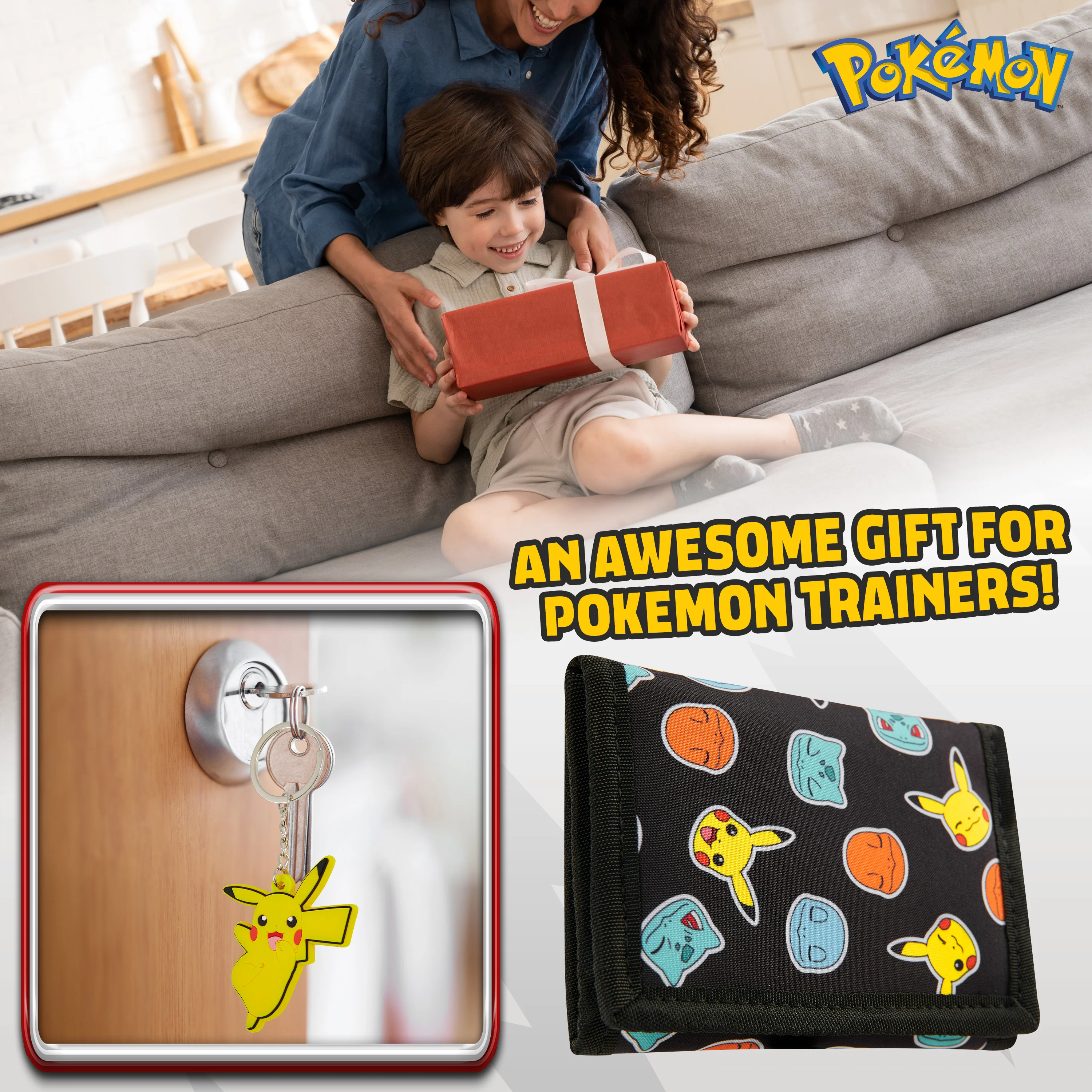 Pokemon Kids Wallet and Key Ring Set, Pikachu Trifold Wallet Gift Set - Image 2